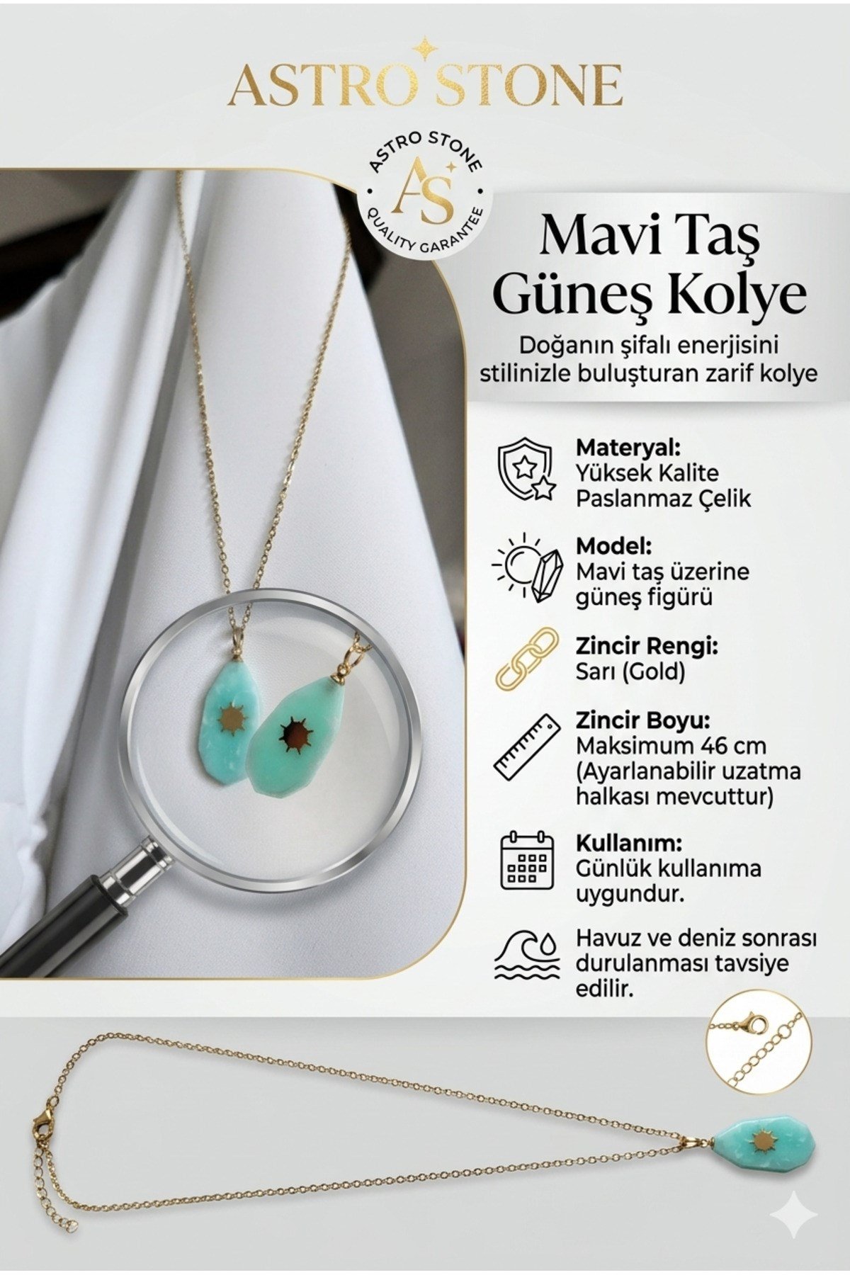 Mavi Taşlı Güneş Figürlü Çelik Kolye - Şifalı Enerji ve Günlük Şıklık (Paslanmaz Gold)