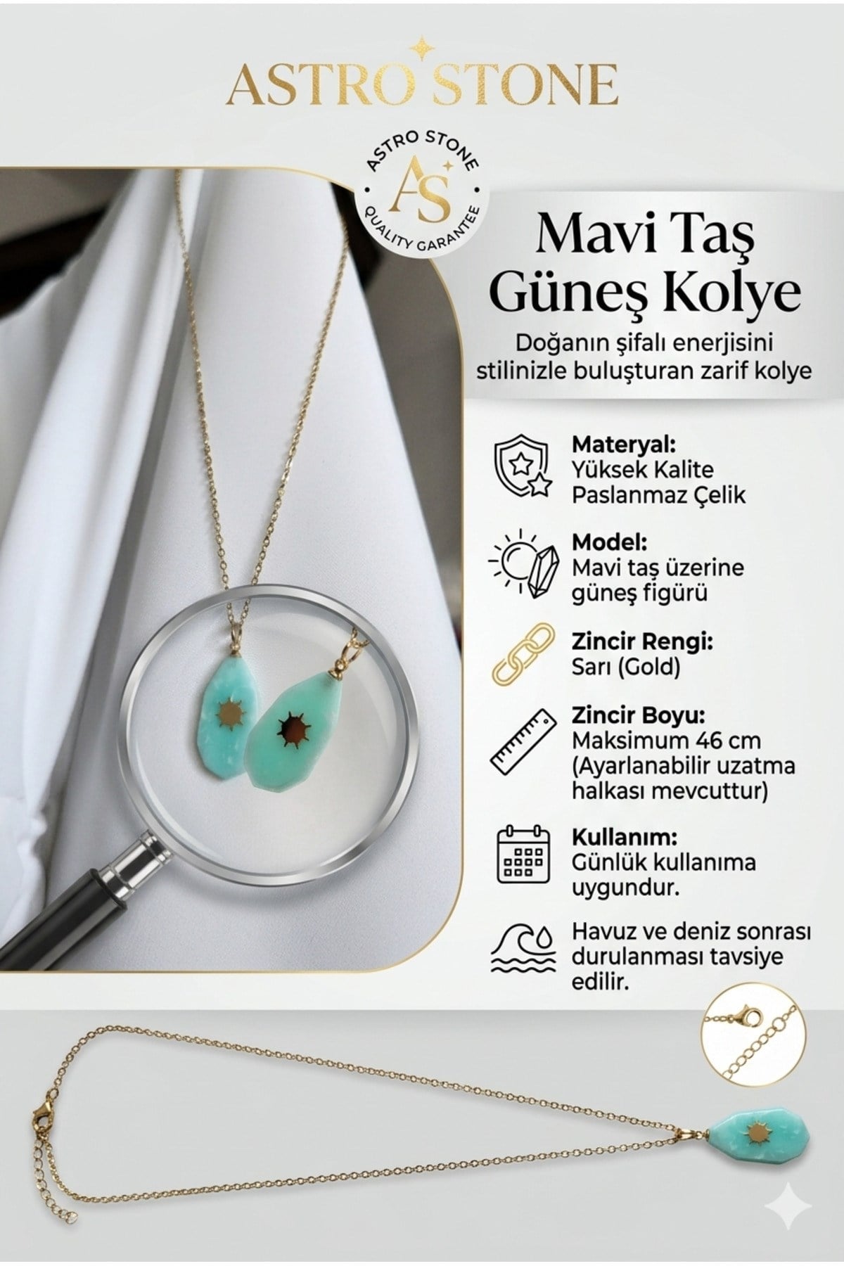 Mavi Taşlı Güneş Figürlü Çelik Kolye - Şifalı Enerji ve Günlük Şıklık (Paslanmaz Gold)