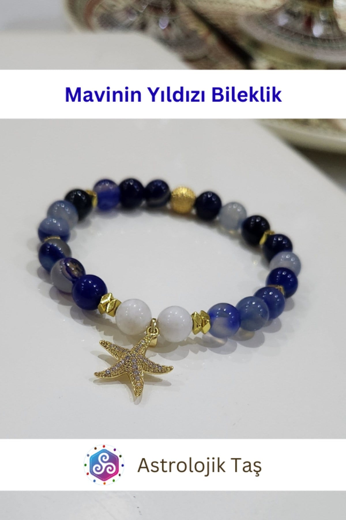 Mavinin Yıldızı Doğal Taş Bileklik Yıldız Charmlı – Sertifikalı - Mavi Akik – Ay Taşı
