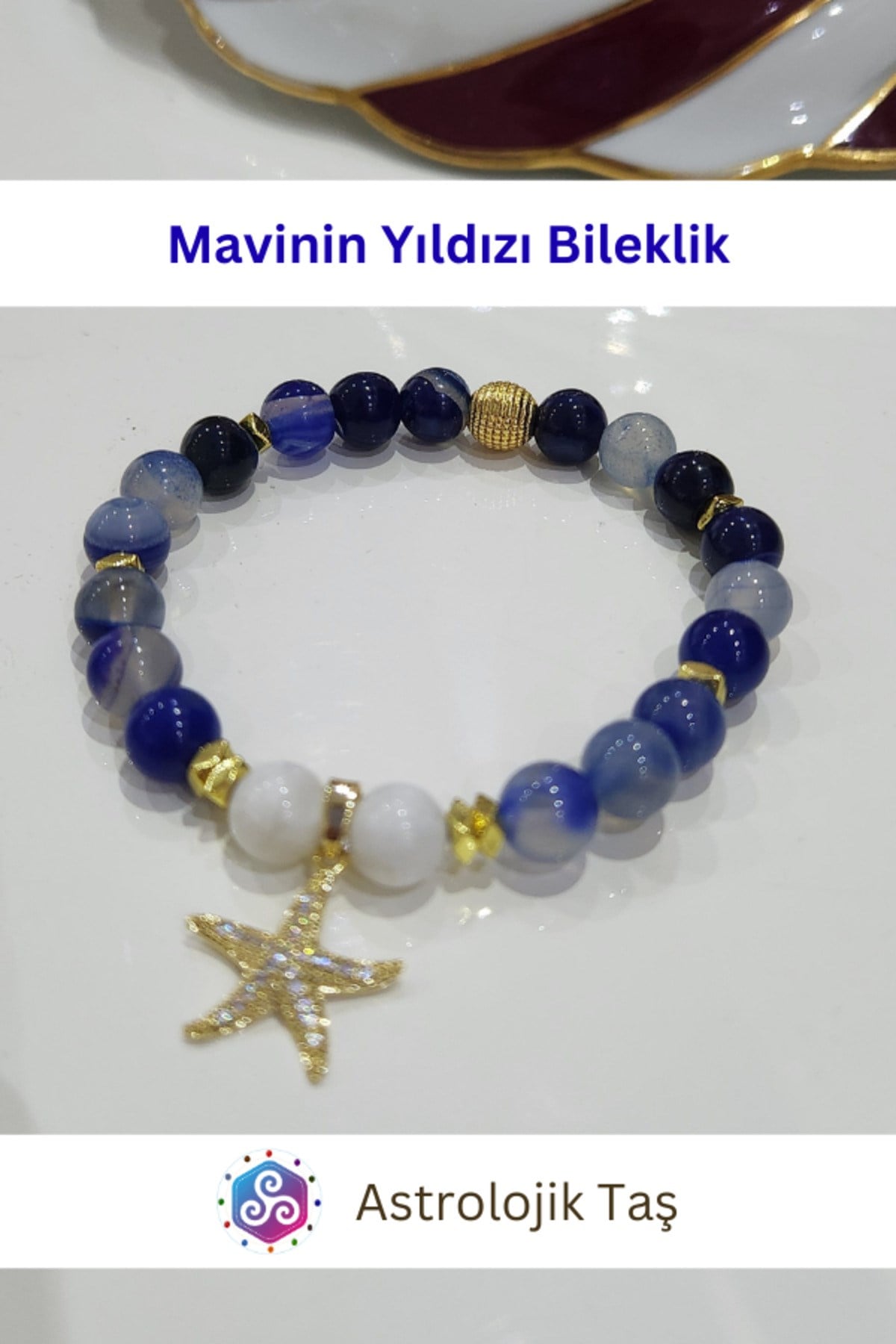Mavinin Yıldızı Doğal Taş Bileklik Yıldız Charmlı – Sertifikalı - Mavi Akik – Ay Taşı