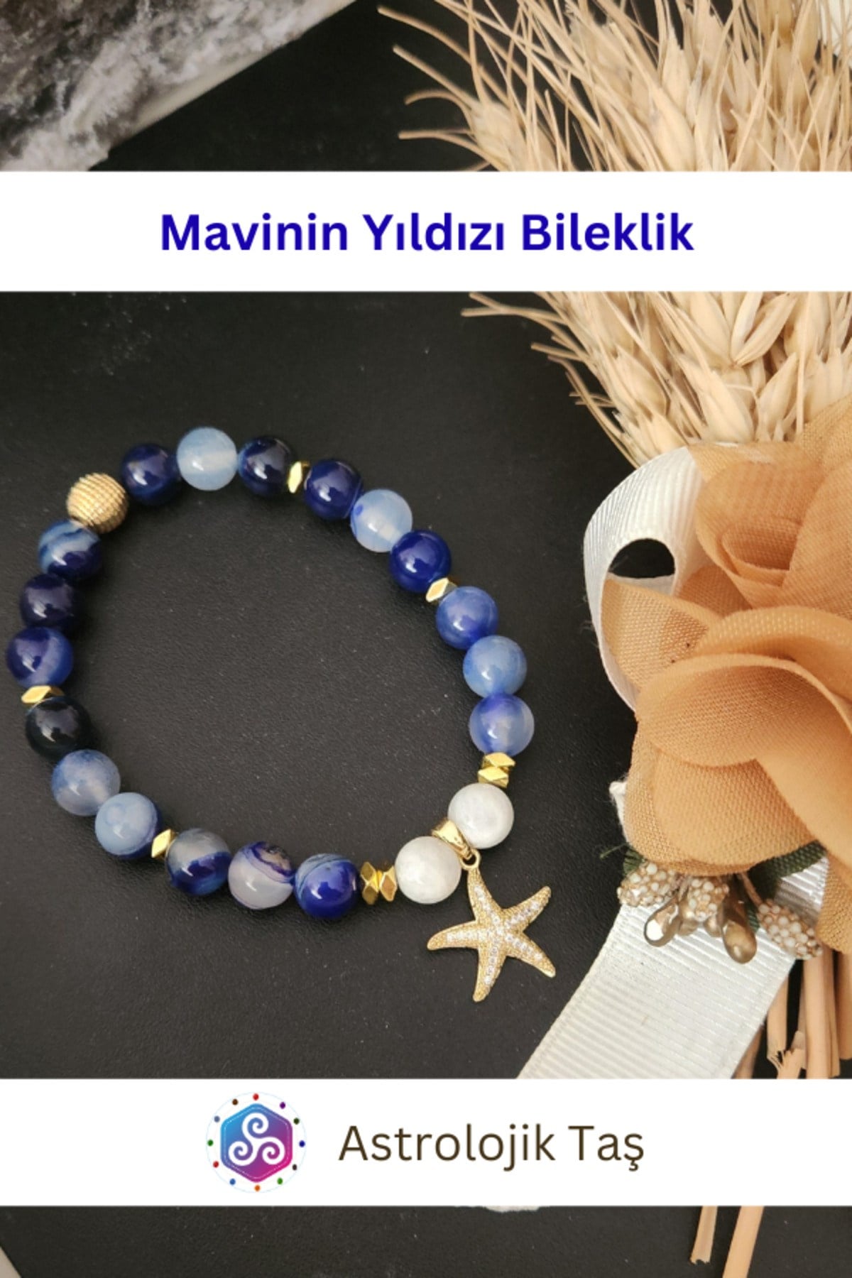 Mavinin Yıldızı Doğal Taş Bileklik Yıldız Charmlı – Sertifikalı - Mavi Akik – Ay Taşı