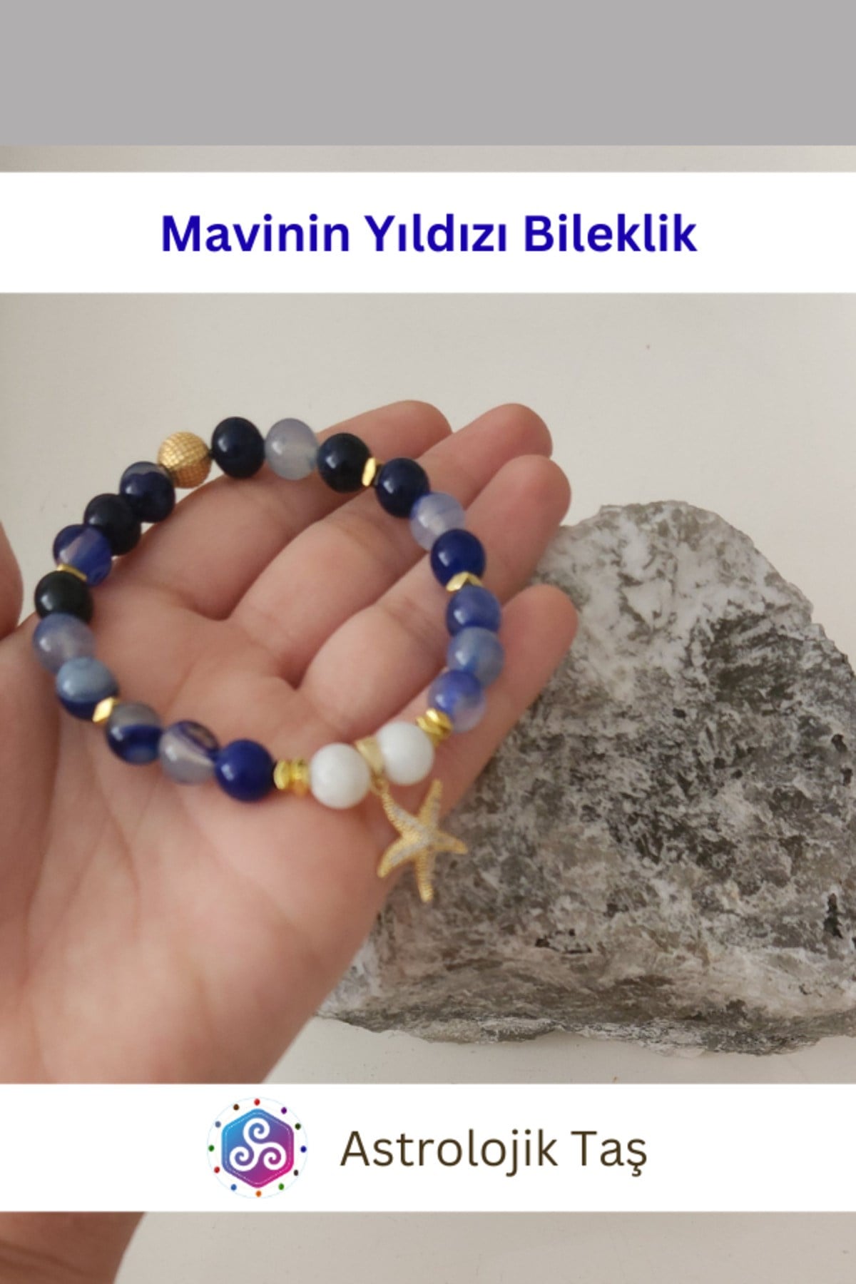 Mavinin Yıldızı Doğal Taş Bileklik Yıldız Charmlı – Sertifikalı - Mavi Akik – Ay Taşı