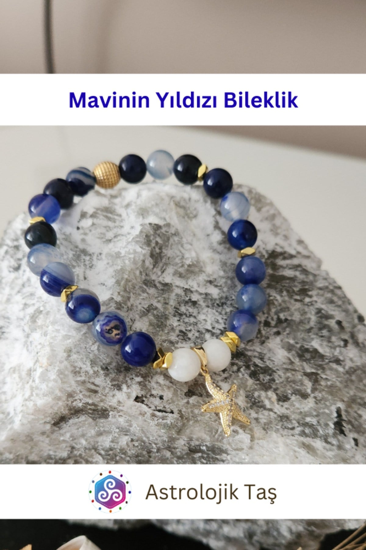 Mavinin Yıldızı Doğal Taş Bileklik Yıldız Charmlı – Sertifikalı - Mavi Akik – Ay Taşı