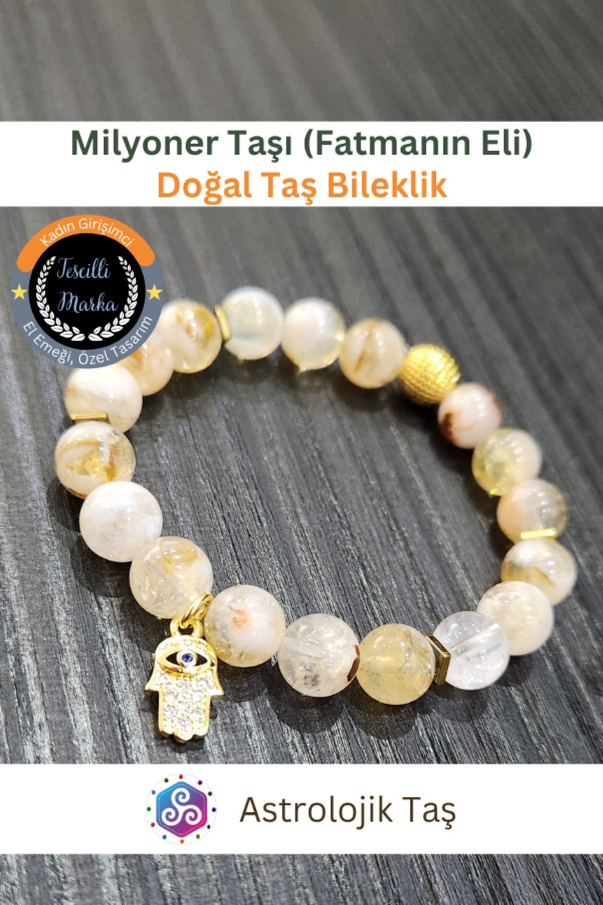 Milyoner Taşı Sitrin & Fatma Ana Eli Koruyucu Şans Bilekliği ve Bereket Tılsımı Doğal Taş Bilekliği