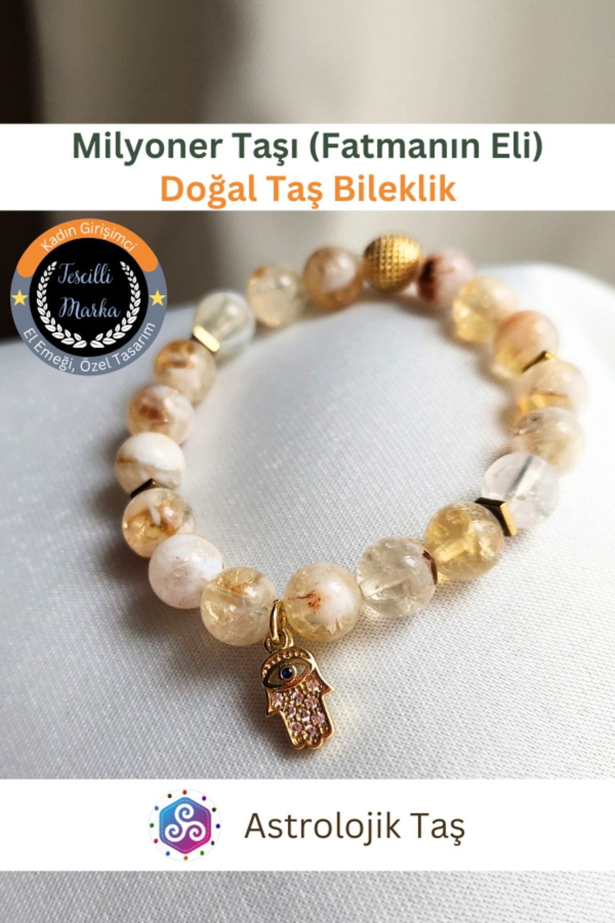Milyoner Taşı Sitrin & Fatma Ana Eli Koruyucu Şans Bilekliği ve Bereket Tılsımı Doğal Taş Bilekliği
