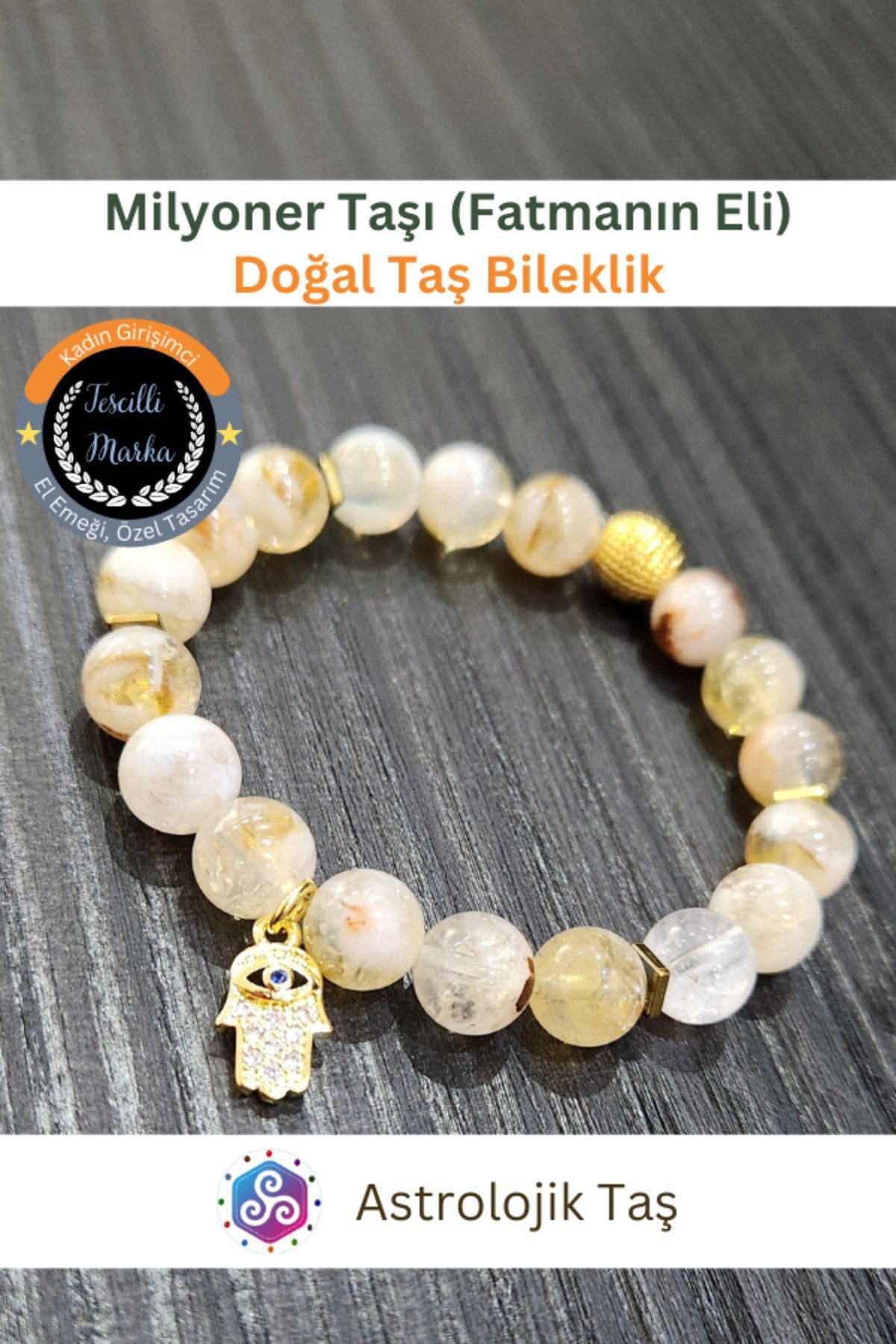 Milyoner Taşı Sitrin & Fatma Ana Eli Koruyucu Şans Bilekliği ve Bereket Tılsımı Doğal Taş Bilekliği