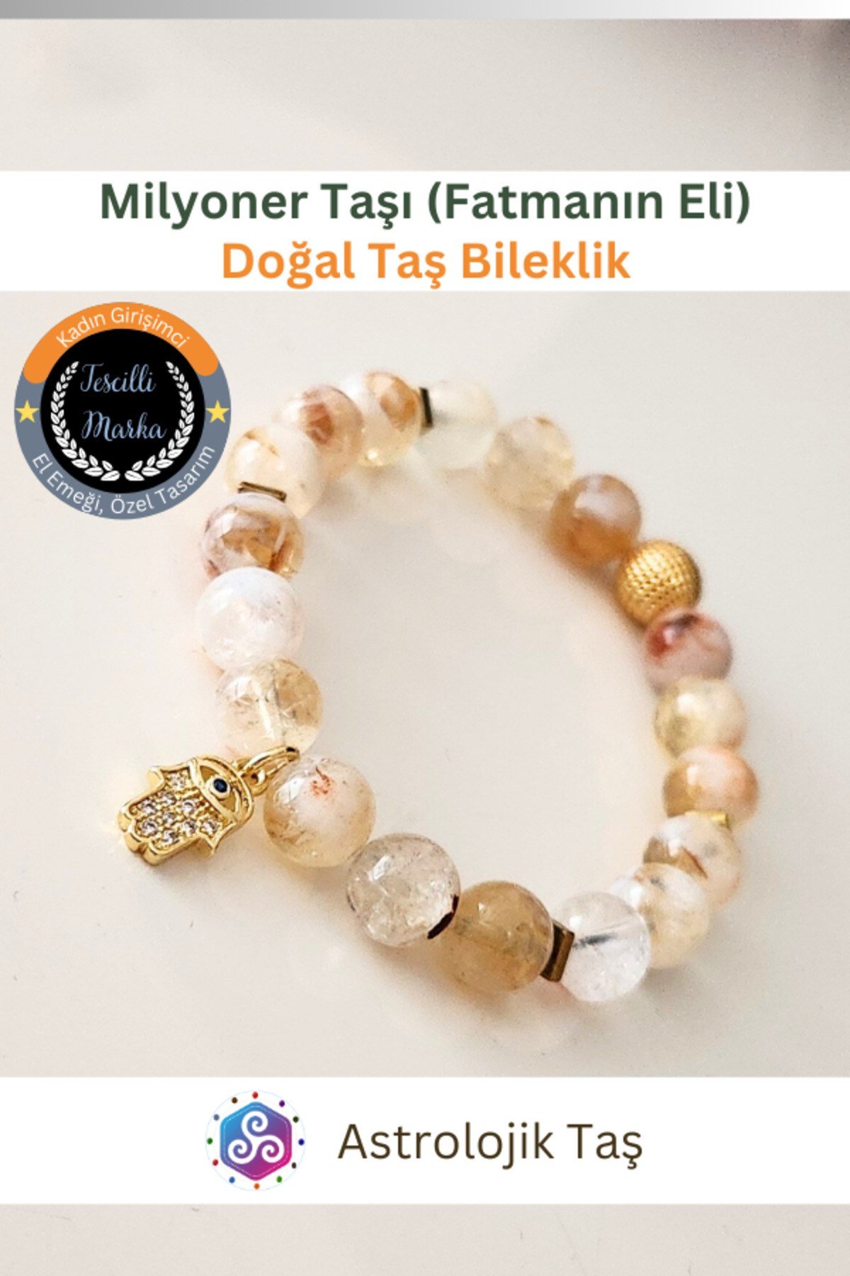 Milyoner Taşı Sitrin & Fatma Ana Eli Koruyucu Şans Bilekliği ve Bereket Tılsımı Doğal Taş Bilekliği