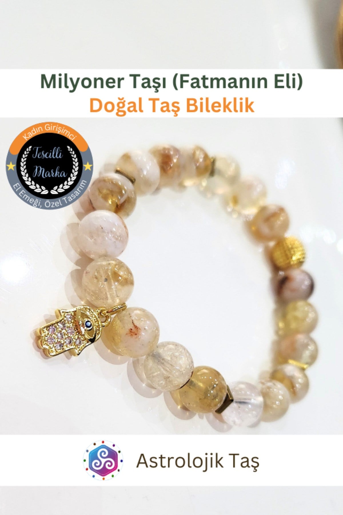 Milyoner Taşı Sitrin & Fatma Ana Eli Koruyucu Şans Bilekliği ve Bereket Tılsımı Doğal Taş Bilekliği