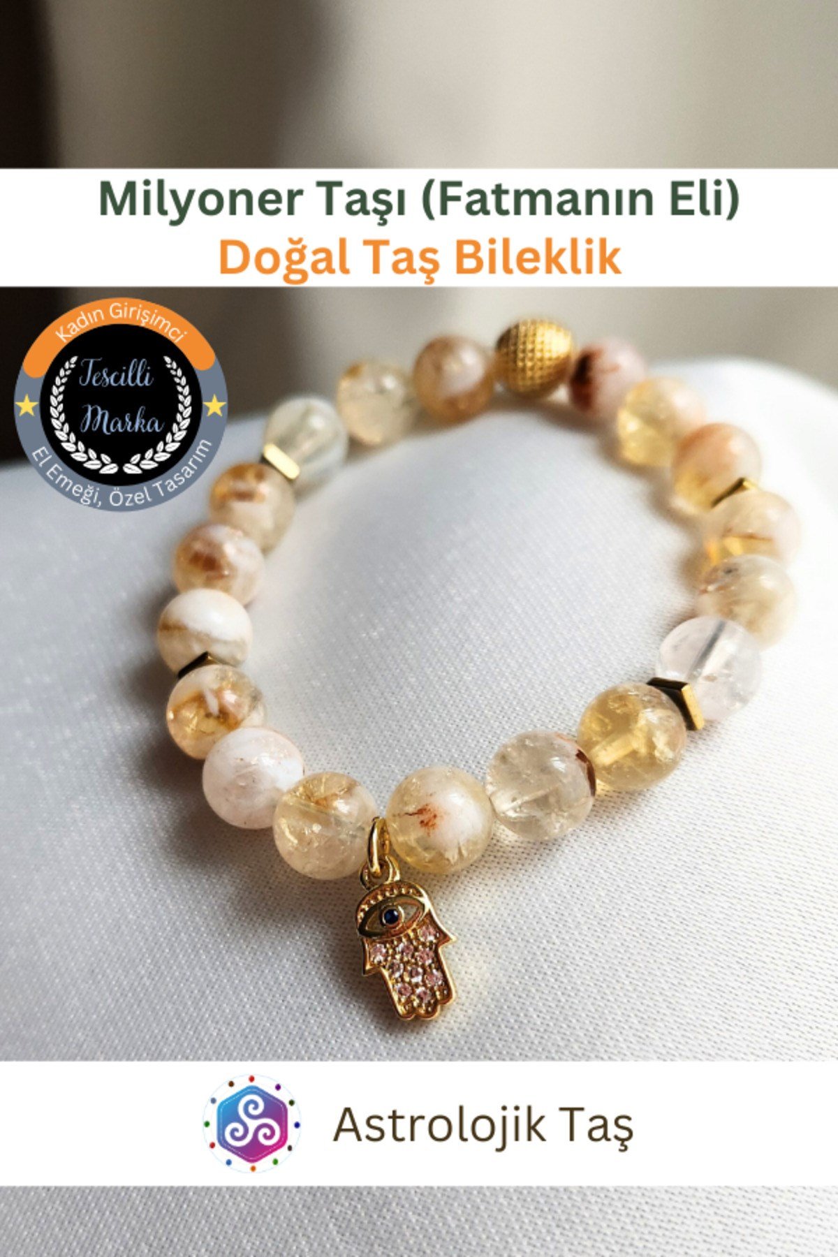 Milyoner Taşı Sitrin & Fatma Ana Eli Koruyucu Şans Bilekliği ve Bereket Tılsımı Doğal Taş Bilekliği