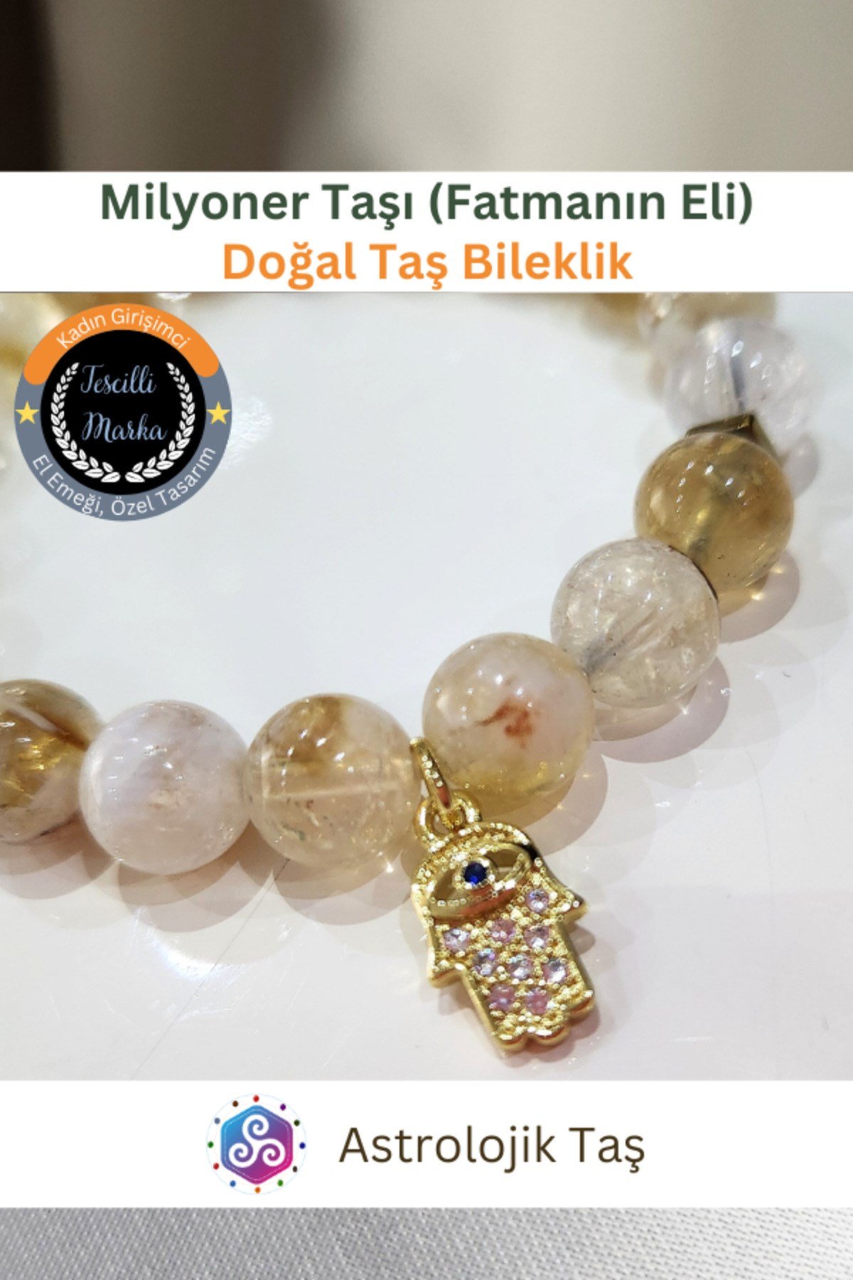 Milyoner Taşı Sitrin & Fatma Ana Eli Koruyucu Şans Bilekliği ve Bereket Tılsımı Doğal Taş Bilekliği