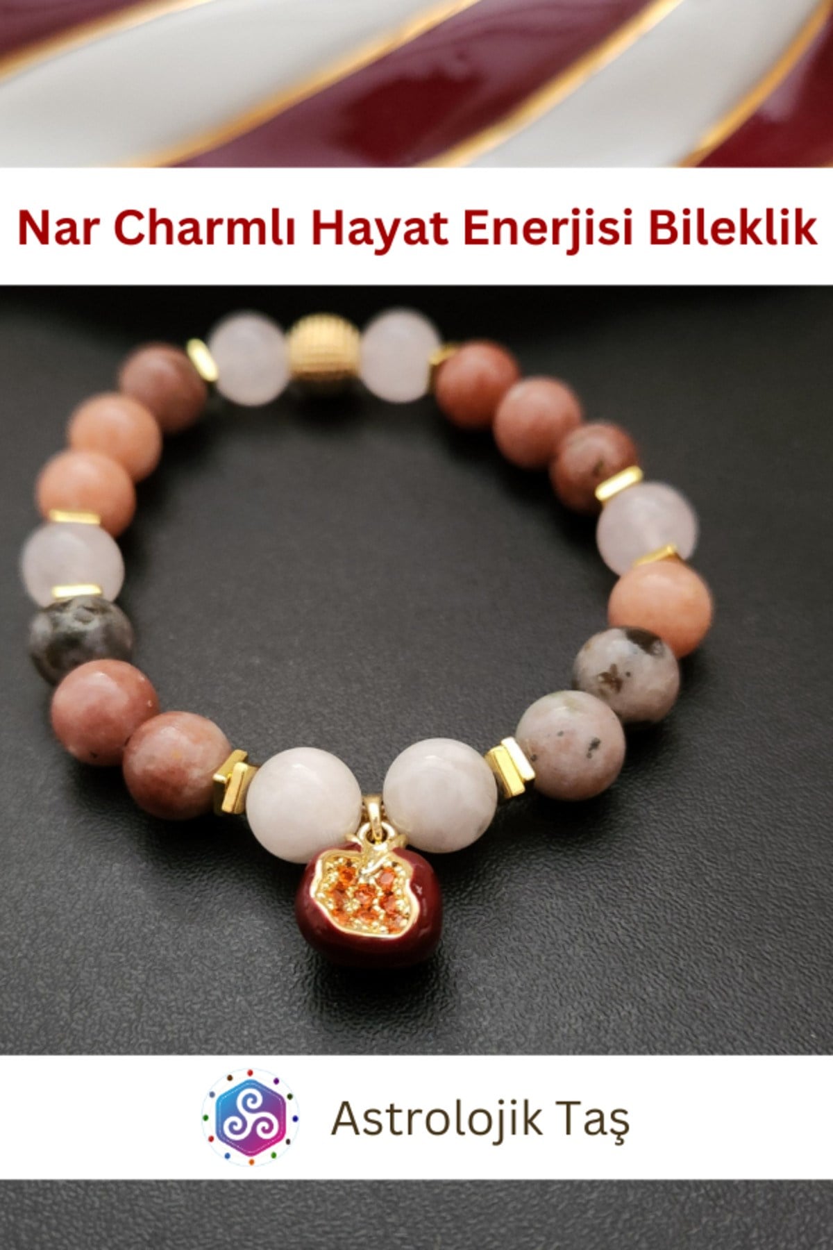 Nar Charmlı Hayat Enerjisi Doğal Taş Bileklik - Sertifikalı - Jasper & Ay Taşı