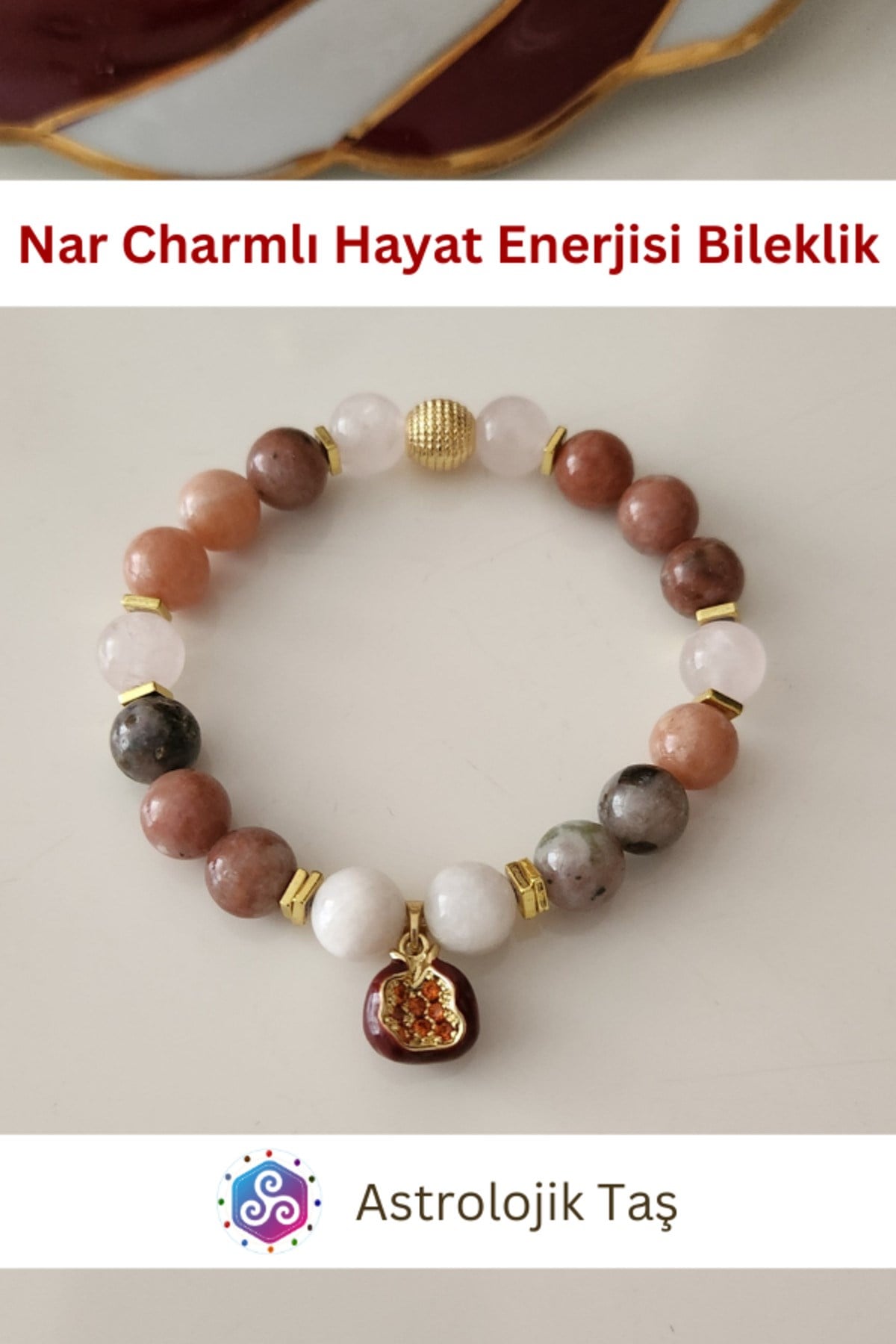 Nar Charmlı Hayat Enerjisi Doğal Taş Bileklik - Sertifikalı - Jasper & Ay Taşı