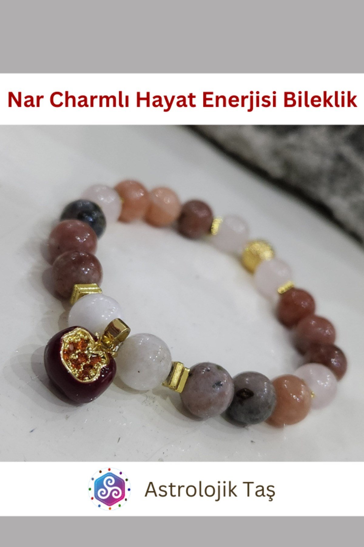 Nar Charmlı Hayat Enerjisi Doğal Taş Bileklik - Sertifikalı - Jasper & Ay Taşı
