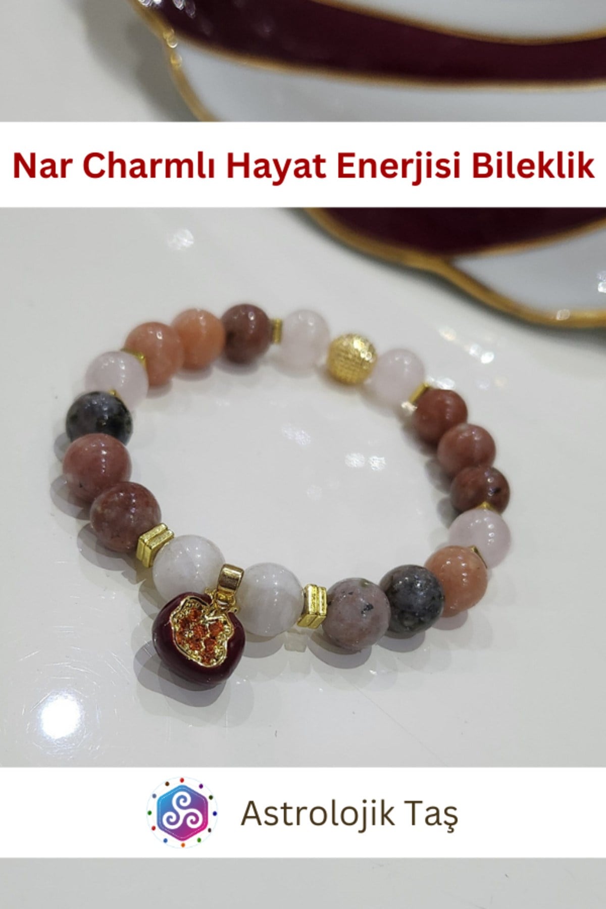 Nar Charmlı Hayat Enerjisi Doğal Taş Bileklik - Sertifikalı - Jasper & Ay Taşı