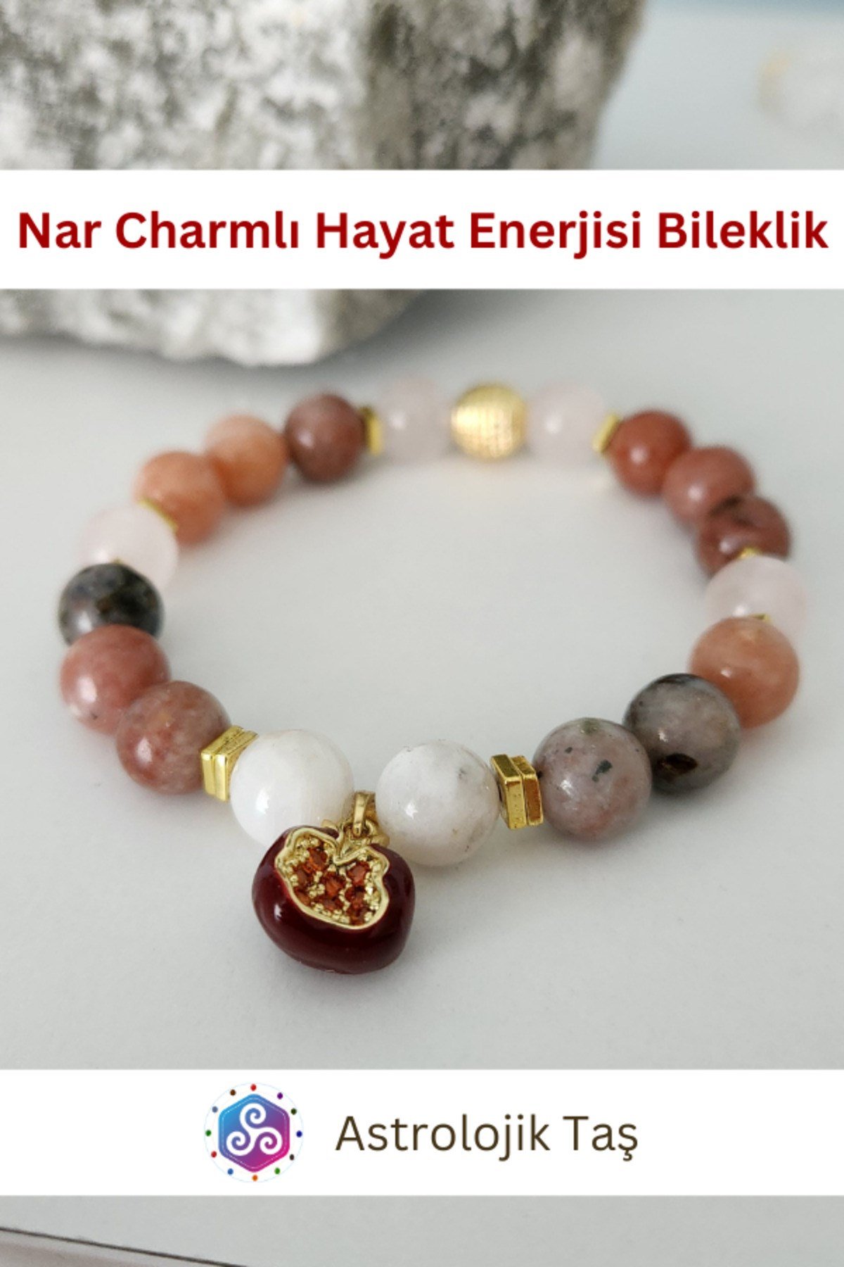 Nar Charmlı Hayat Enerjisi Doğal Taş Bileklik - Sertifikalı - Jasper & Ay Taşı
