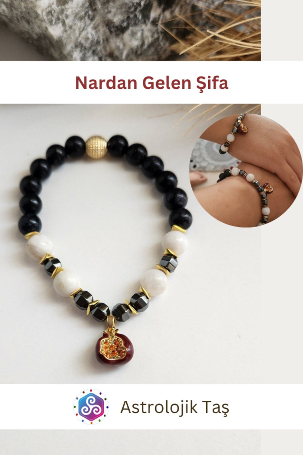 Nar’dan Gelen Şifa Doğal Taş Bileklik - Sertifikalı - Yıldız Taşı & Ay Taşı
