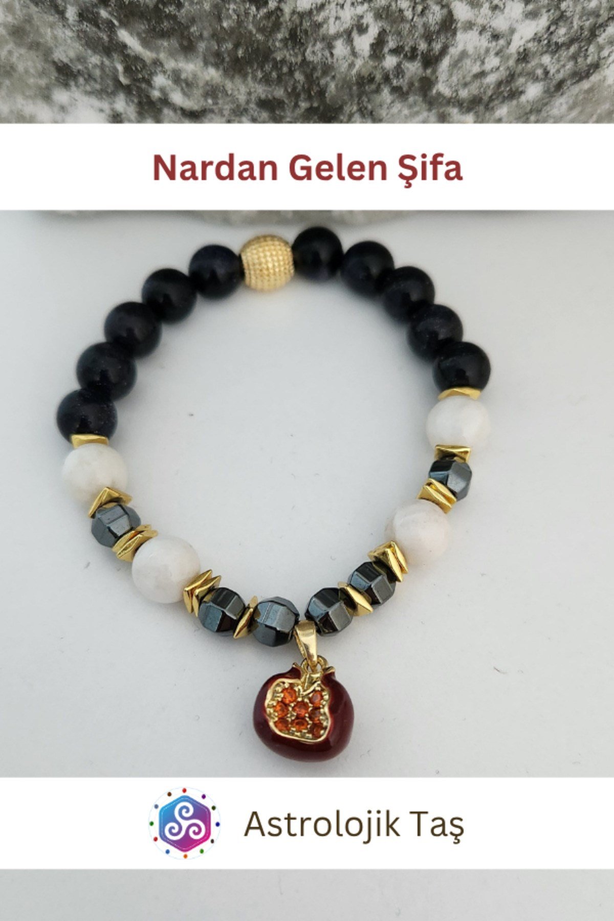 Nar’dan Gelen Şifa Doğal Taş Bileklik - Sertifikalı - Yıldız Taşı & Ay Taşı