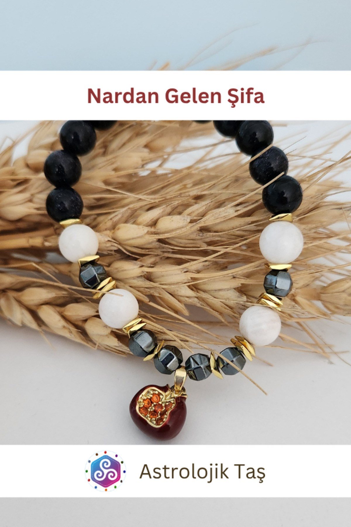 Nar’dan Gelen Şifa Doğal Taş Bileklik - Sertifikalı - Yıldız Taşı & Ay Taşı