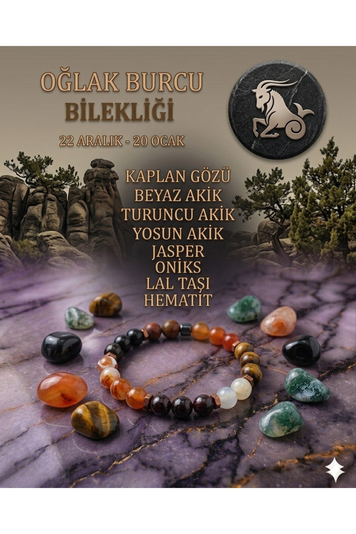 Oğlak Burcu Doğal Taş Bileklik - Sertifikalı - K. Gözü, B. Akik, T.Akik, Y.Akik, Jasper, Oniks - Lal