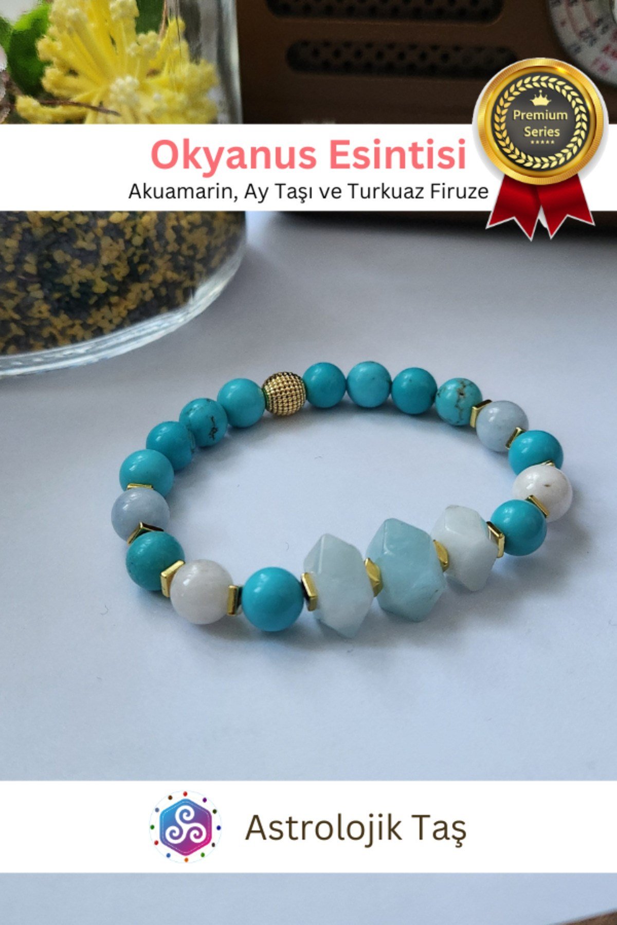 Okyanus Esintisi Doğal Taş Bileklik - Sertifikalı - Akuamarin & Ay Taşı