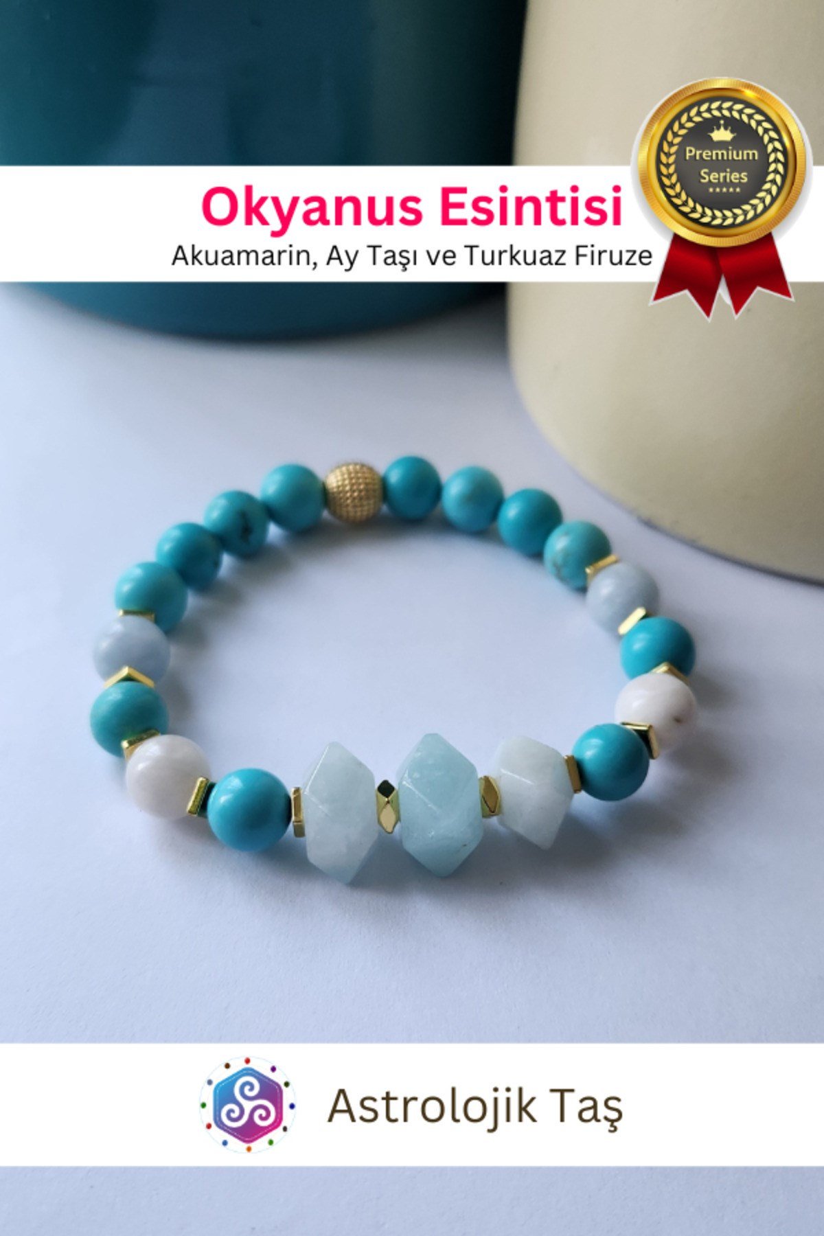 Okyanus Esintisi Doğal Taş Bileklik - Sertifikalı - Akuamarin & Ay Taşı