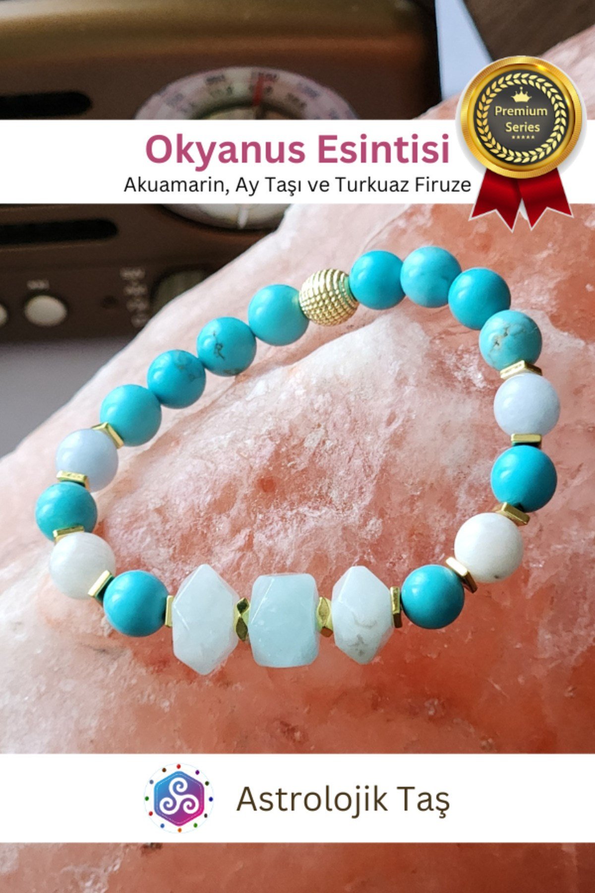 Okyanus Esintisi Doğal Taş Bileklik - Sertifikalı - Akuamarin & Ay Taşı