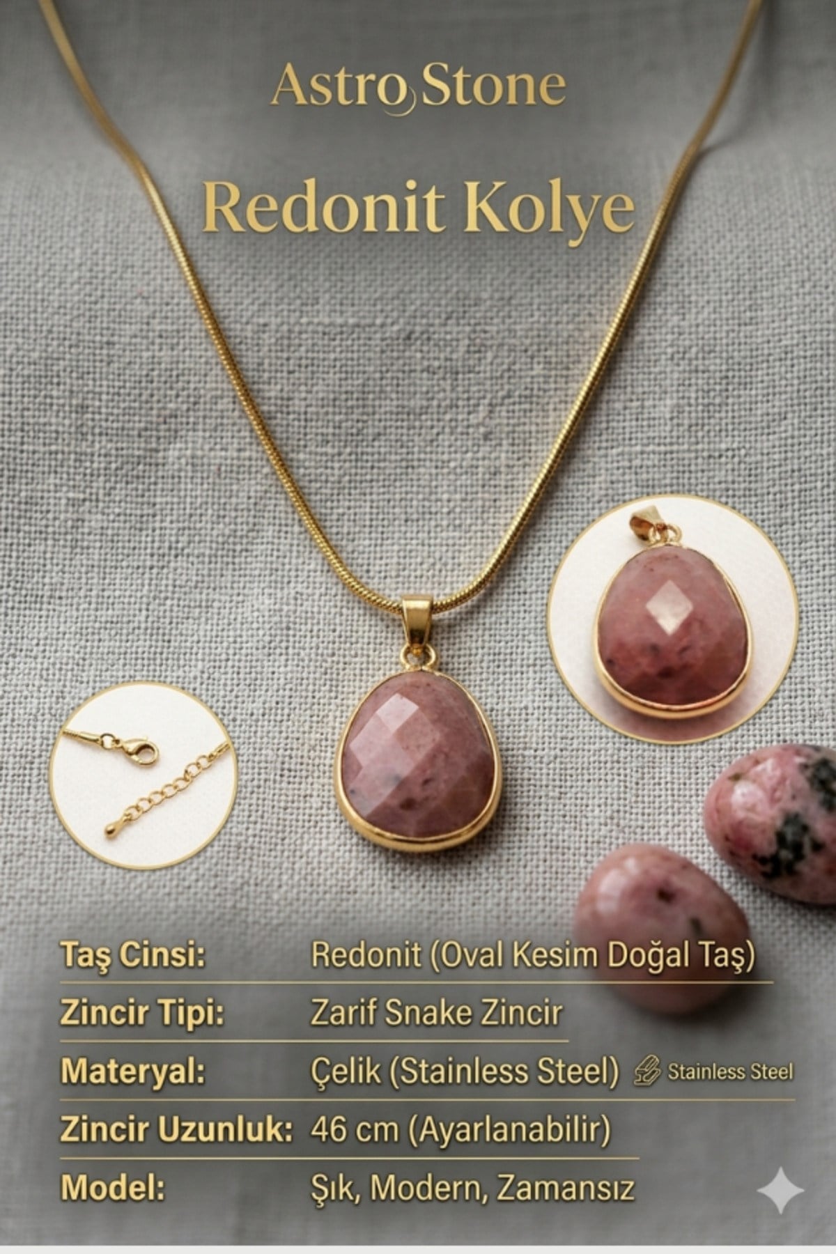 Orijinal Redonit Doğal Taşlı Çelik Kolye - Gül Kurusu Rengi, Ayarlanabilir Gold Renk Zincir