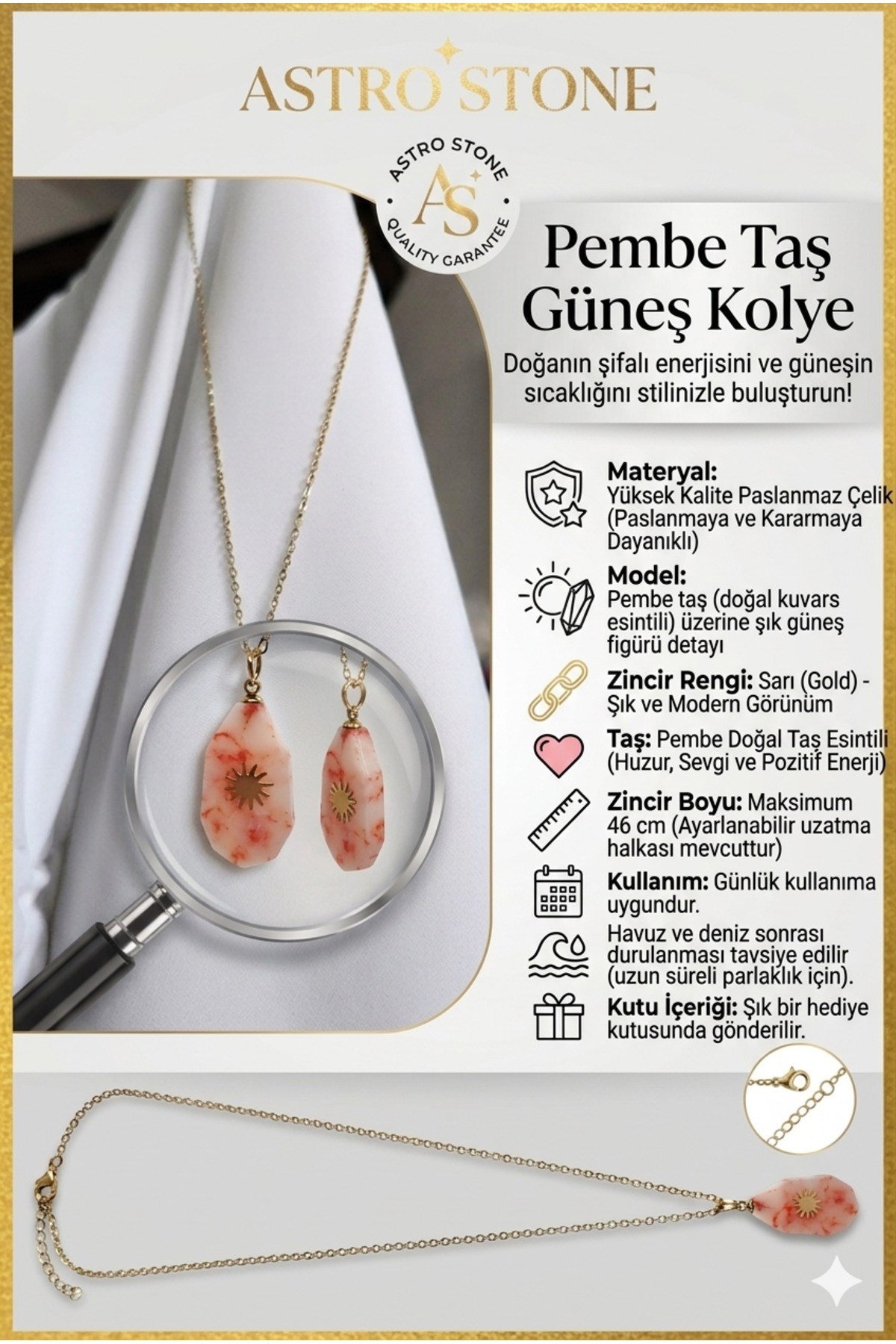 Pembe Taşlı Güneş Figürlü Çelik Kolye - Şifalı Enerji ve Günlük Şıklık (Paslanmaz Gold)