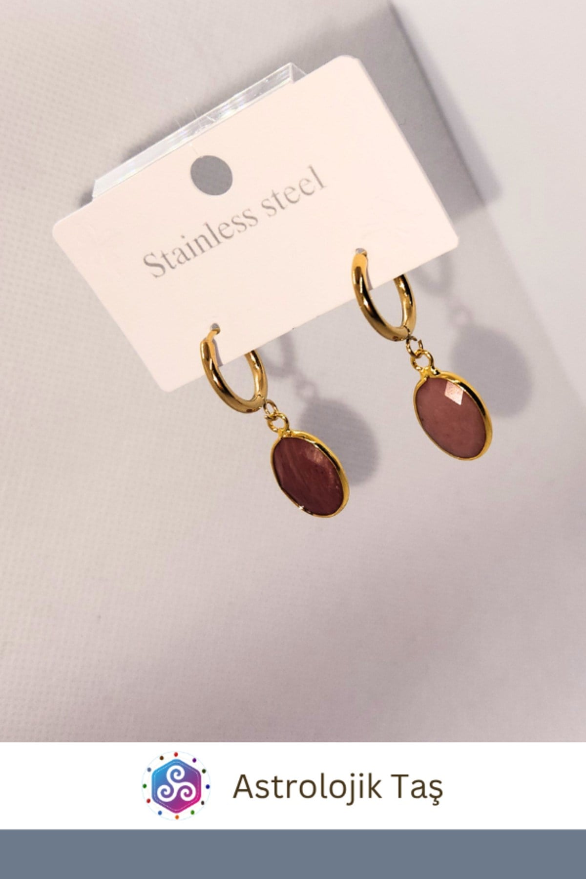 Redonit Doğal Taşlı Gold Çelik Küpe - Faset Kesim Oval Sallantılı Halka Küpe