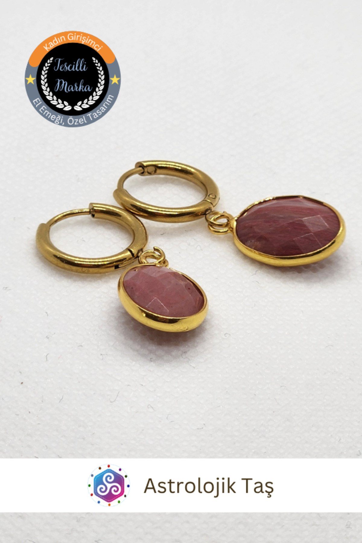 Redonit Doğal Taşlı Gold Çelik Küpe - Faset Kesim Oval Sallantılı Halka Küpe
