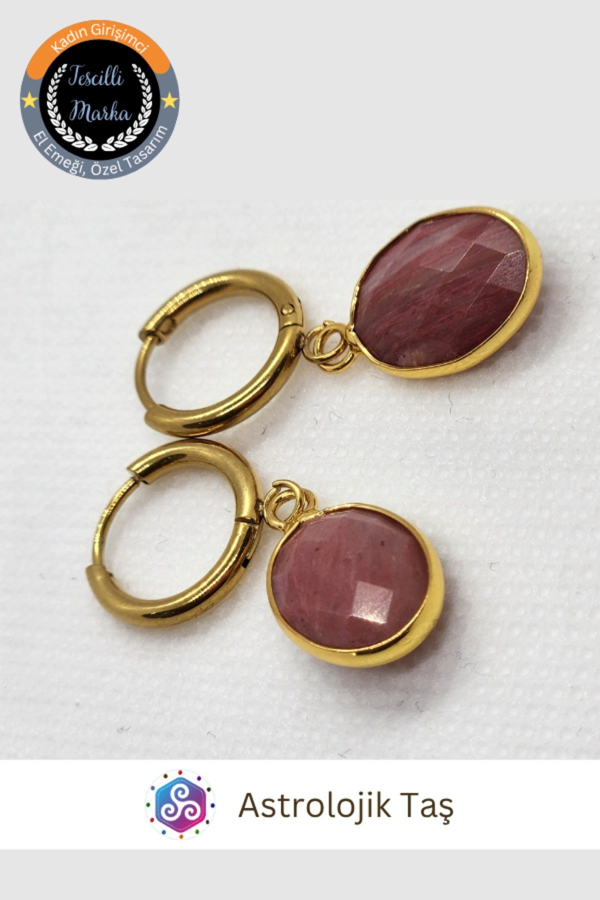 Redonit Doğal Taşlı Gold Çelik Küpe - Faset Kesim Oval Sallantılı Halka Küpe