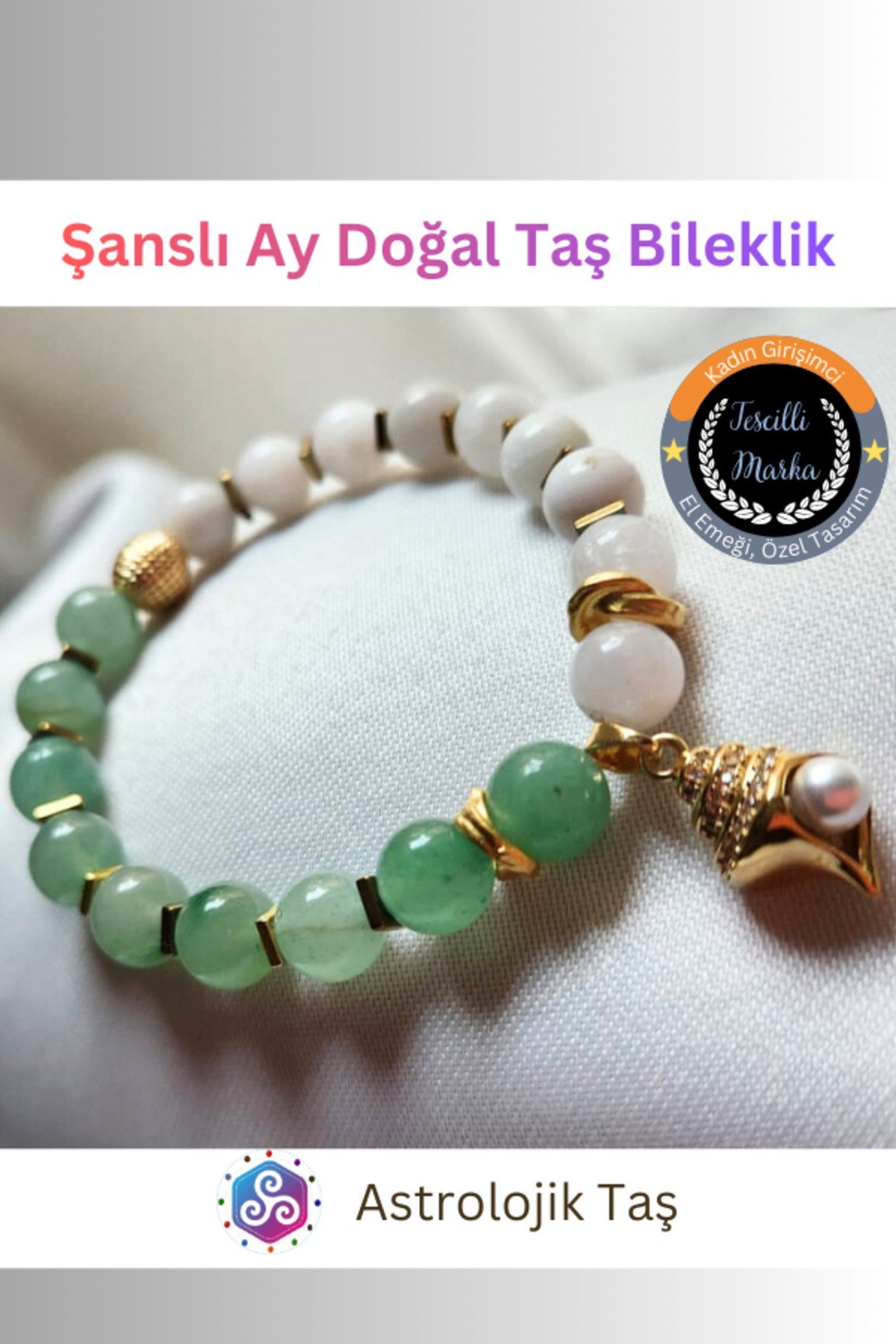 Şanslı Ay Doğal Taş Bileklik - Ay Taşı – Aventurin – Hematit ve Deniz Kabuğu Charmlı