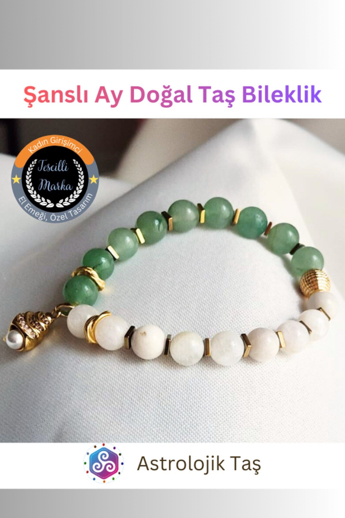 Şanslı Ay Doğal Taş Bileklik - Ay Taşı – Aventurin – Hematit ve Deniz Kabuğu Charmlı