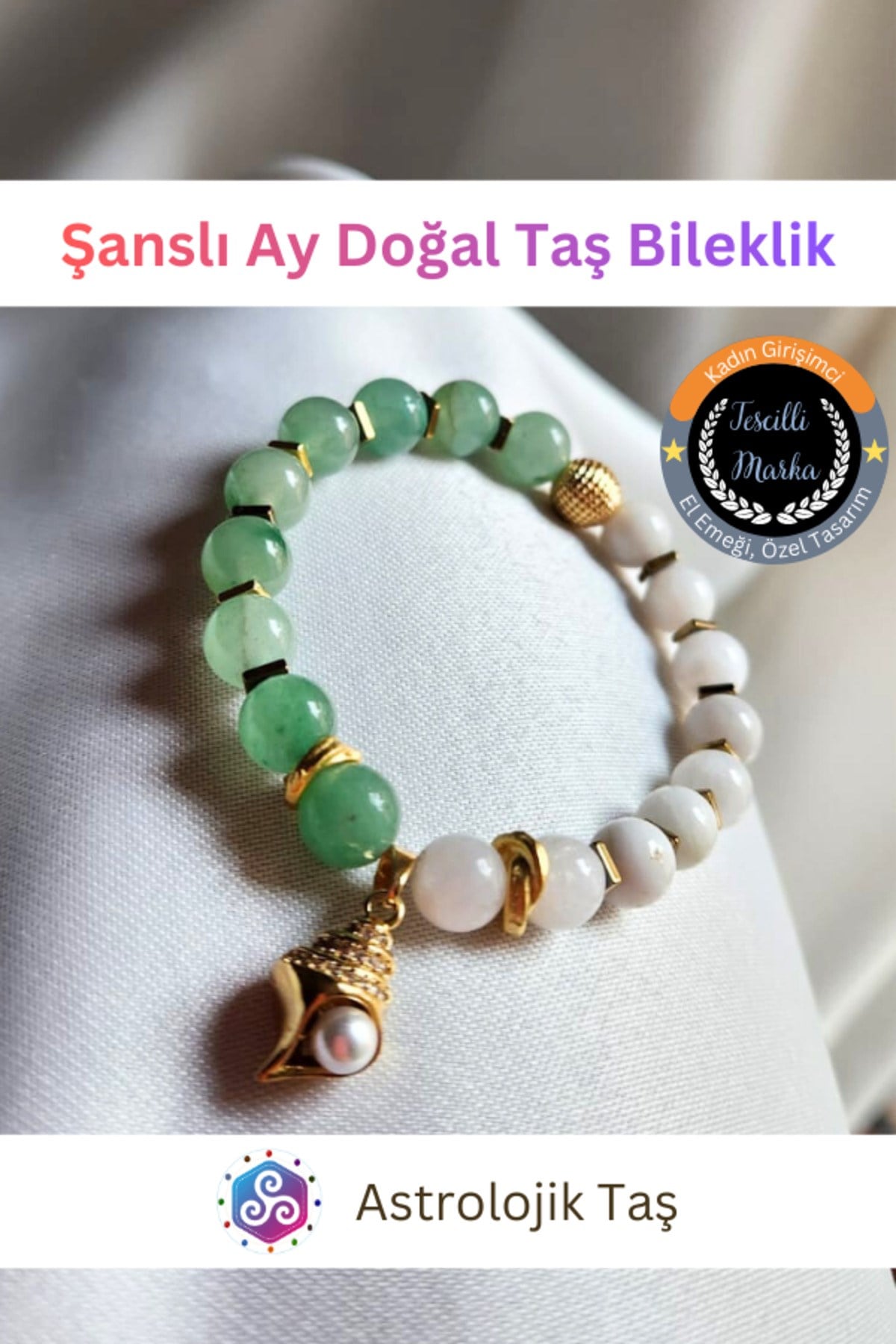 Şanslı Ay Doğal Taş Bileklik - Ay Taşı – Aventurin – Hematit ve Deniz Kabuğu Charmlı