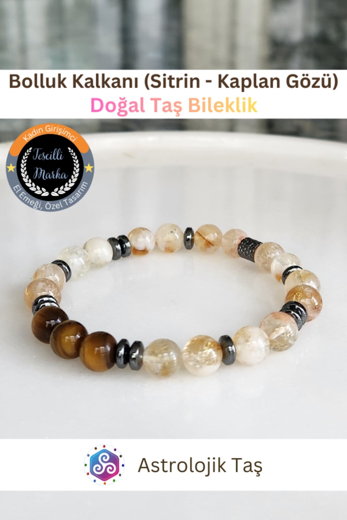Sertifikalı Bolluk Kalkanı Sitrin – Kaplan Gözü Doğal Taş Bilekliği
