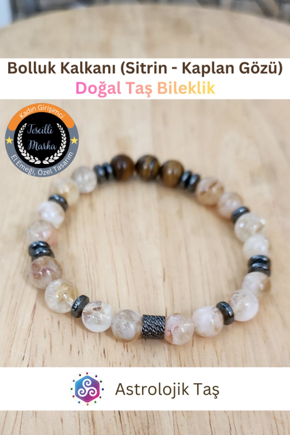 Sertifikalı Bolluk Kalkanı Sitrin – Kaplan Gözü Doğal Taş Bilekliği