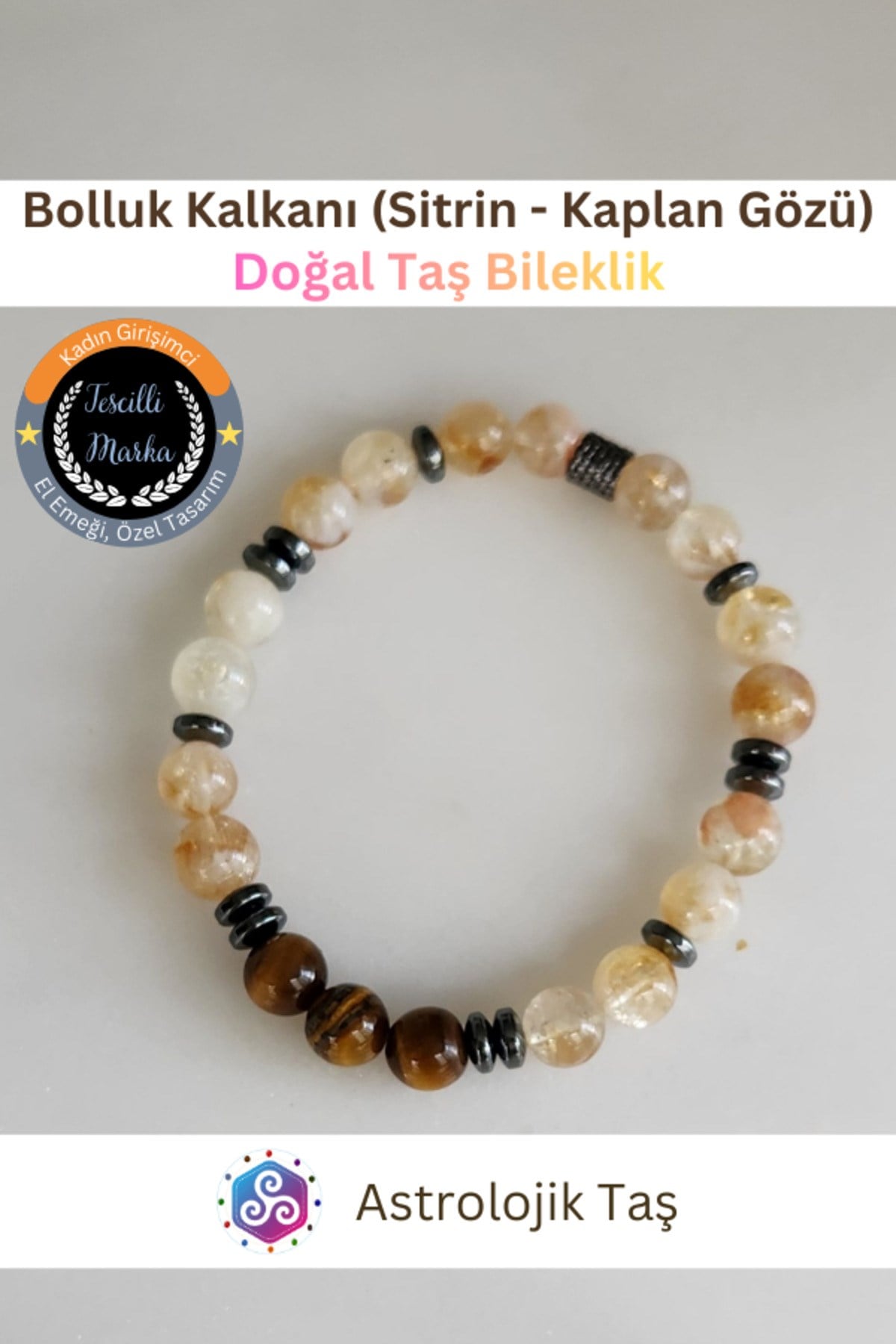 Sertifikalı Bolluk Kalkanı Sitrin – Kaplan Gözü Doğal Taş Bilekliği