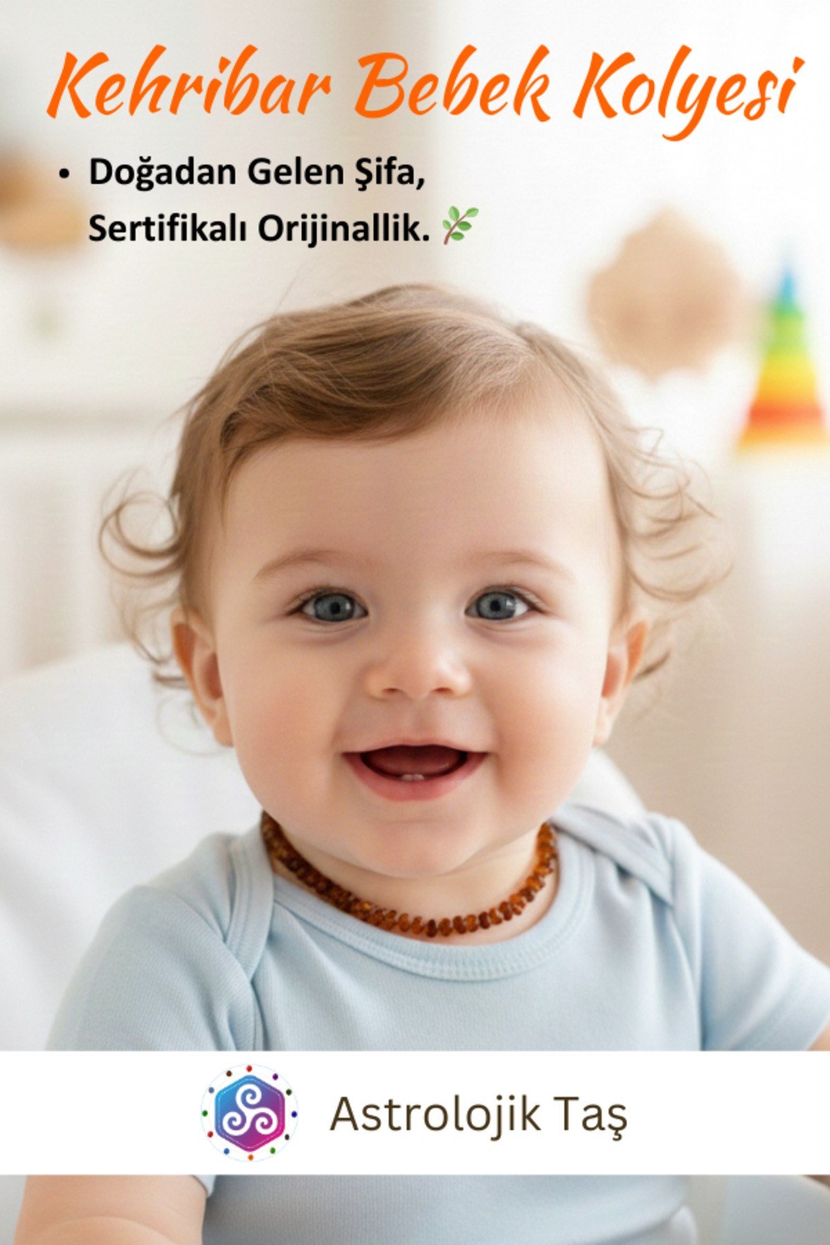 Sertifikalı Damla Kehribar Bebek Diş ve Nazar Kolyesi (Parlak Geçişli)