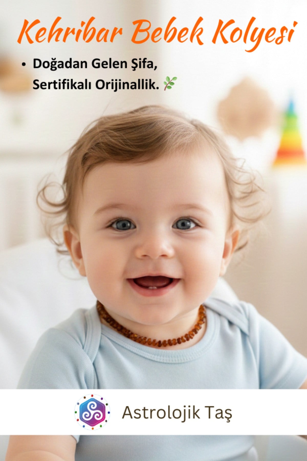 Sertifikalı Damla Kehribar Bebek Diş ve Nazar Kolyesi (Parlak Geçişli)