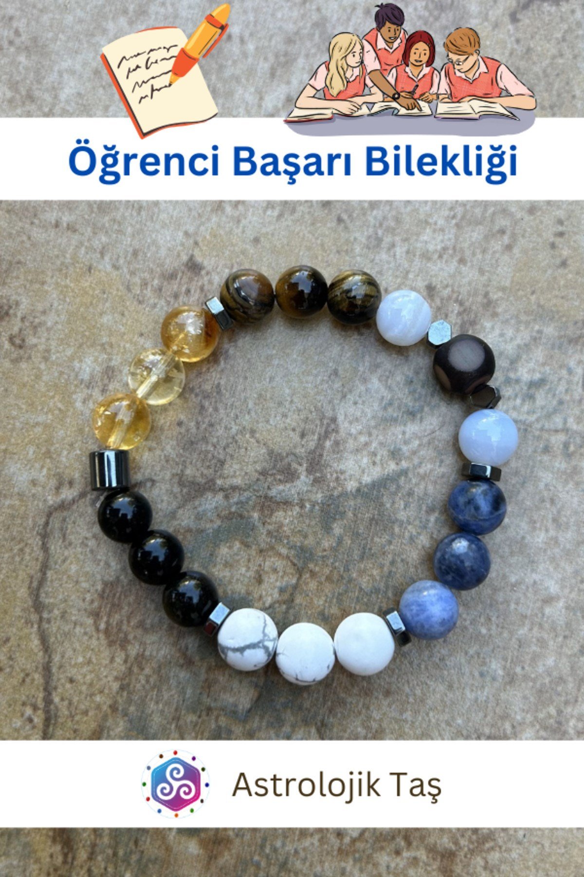 Sertifikalı Doğal Taş Öğrenci Okul Başarı Bilekliği - Odaklanma - Hafıza - Nazar - Iletişim