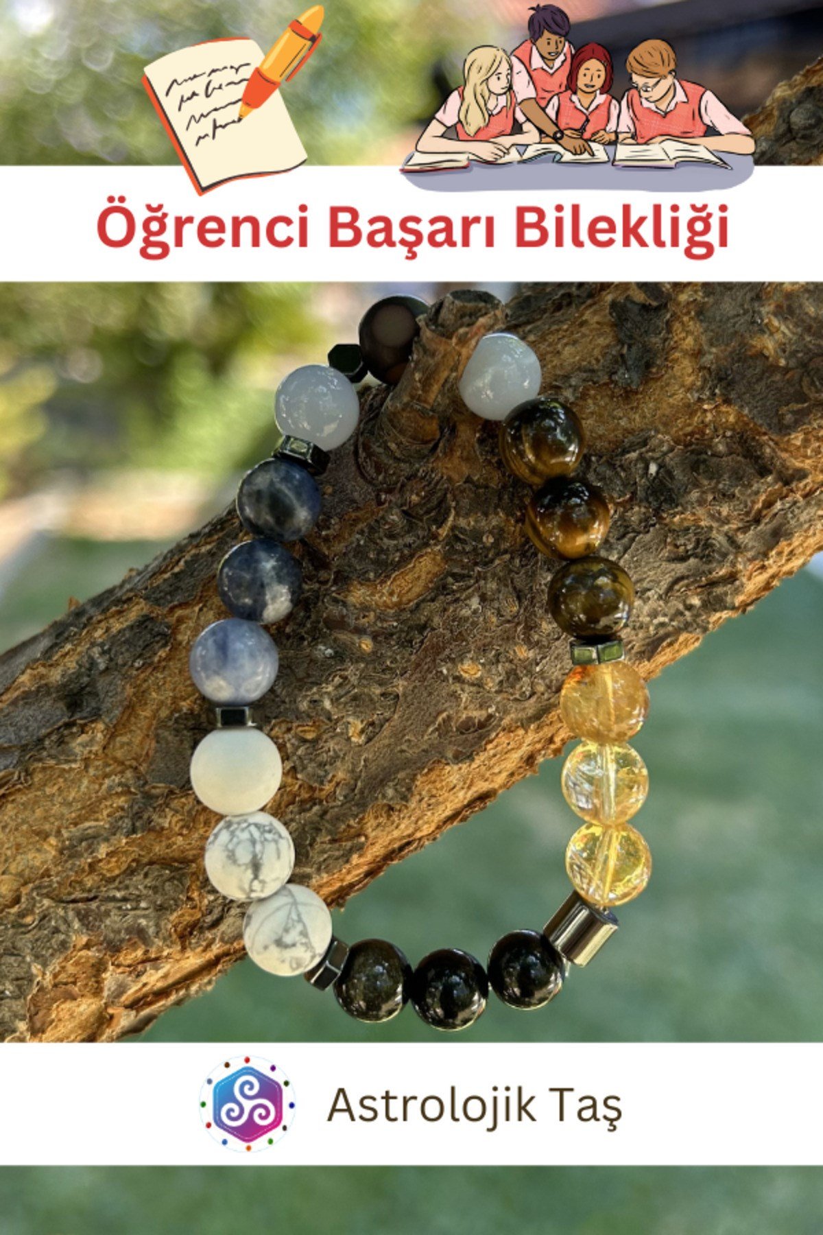 Sertifikalı Doğal Taş Öğrenci Okul Başarı Bilekliği - Odaklanma - Hafıza - Nazar - Iletişim