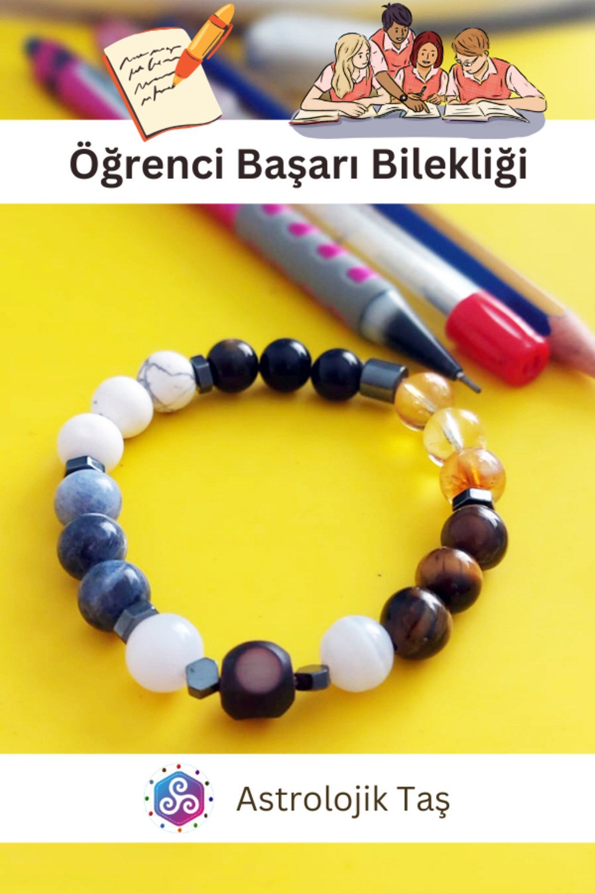Sertifikalı Doğal Taş Öğrenci Okul Başarı Bilekliği - Odaklanma - Hafıza - Nazar - Iletişim