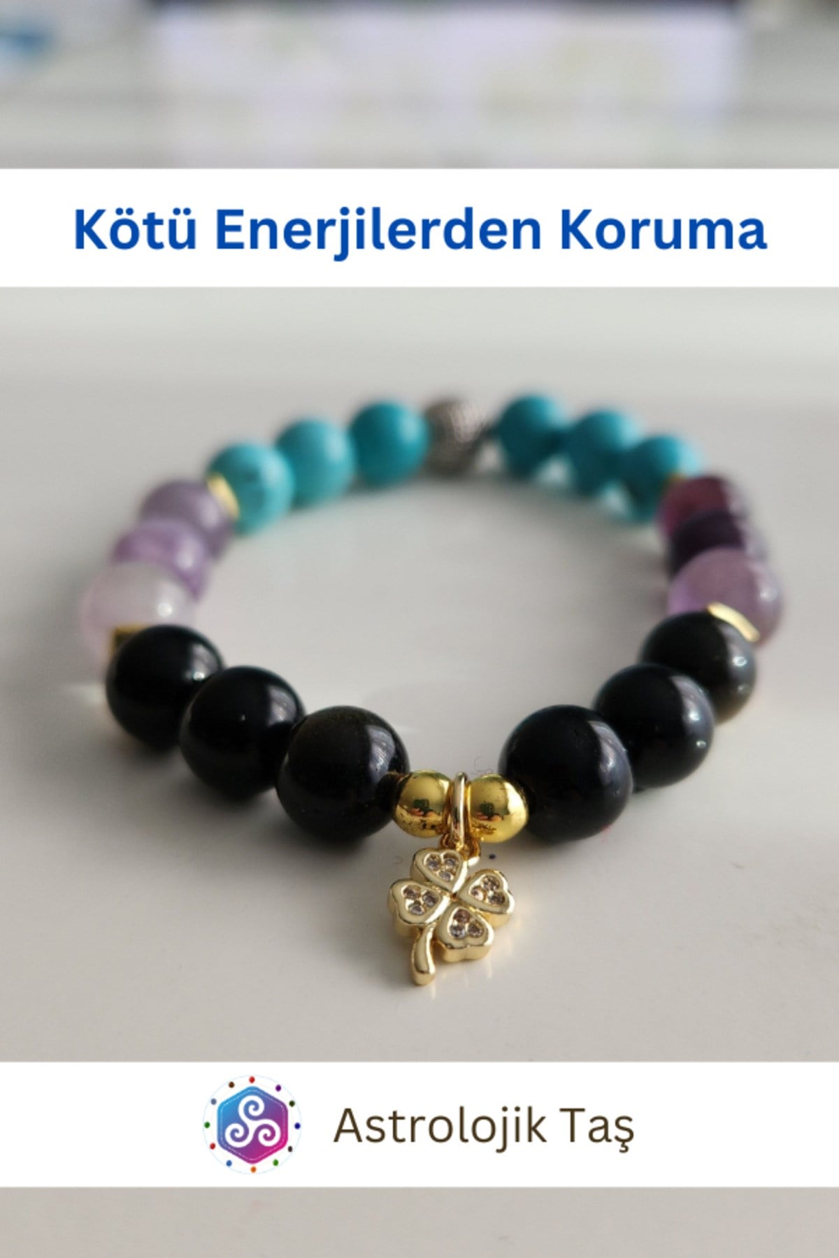 Sertifikalı Kötü Enerjilerden Korunma Doğal Taş Bilekliği (Turkuaz Firuze, Ametits, Obsidyen)