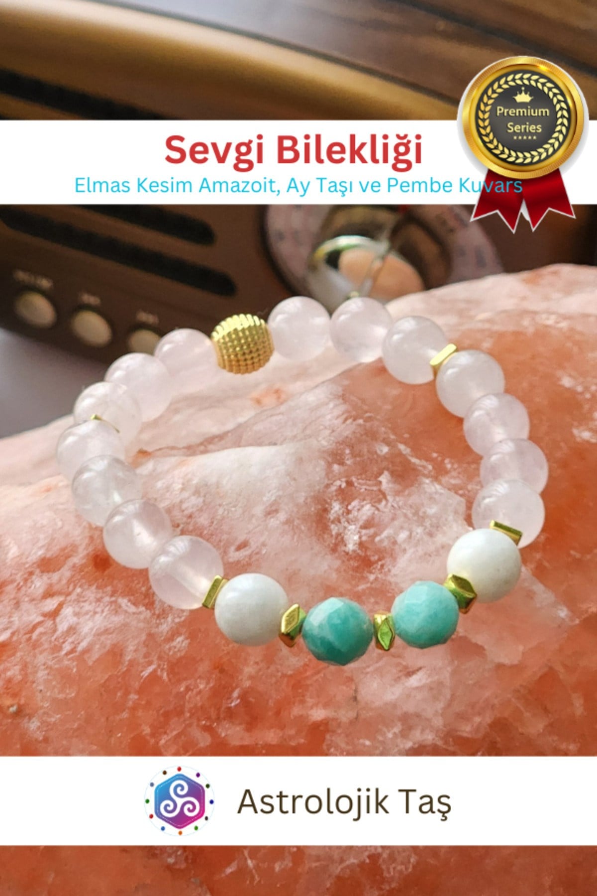 Sevgi Doğal Taş Bilekliği -Sertifikalı - (Elmas Kesim Amazoit, Ay Taşı ve Pembe Kuvars)