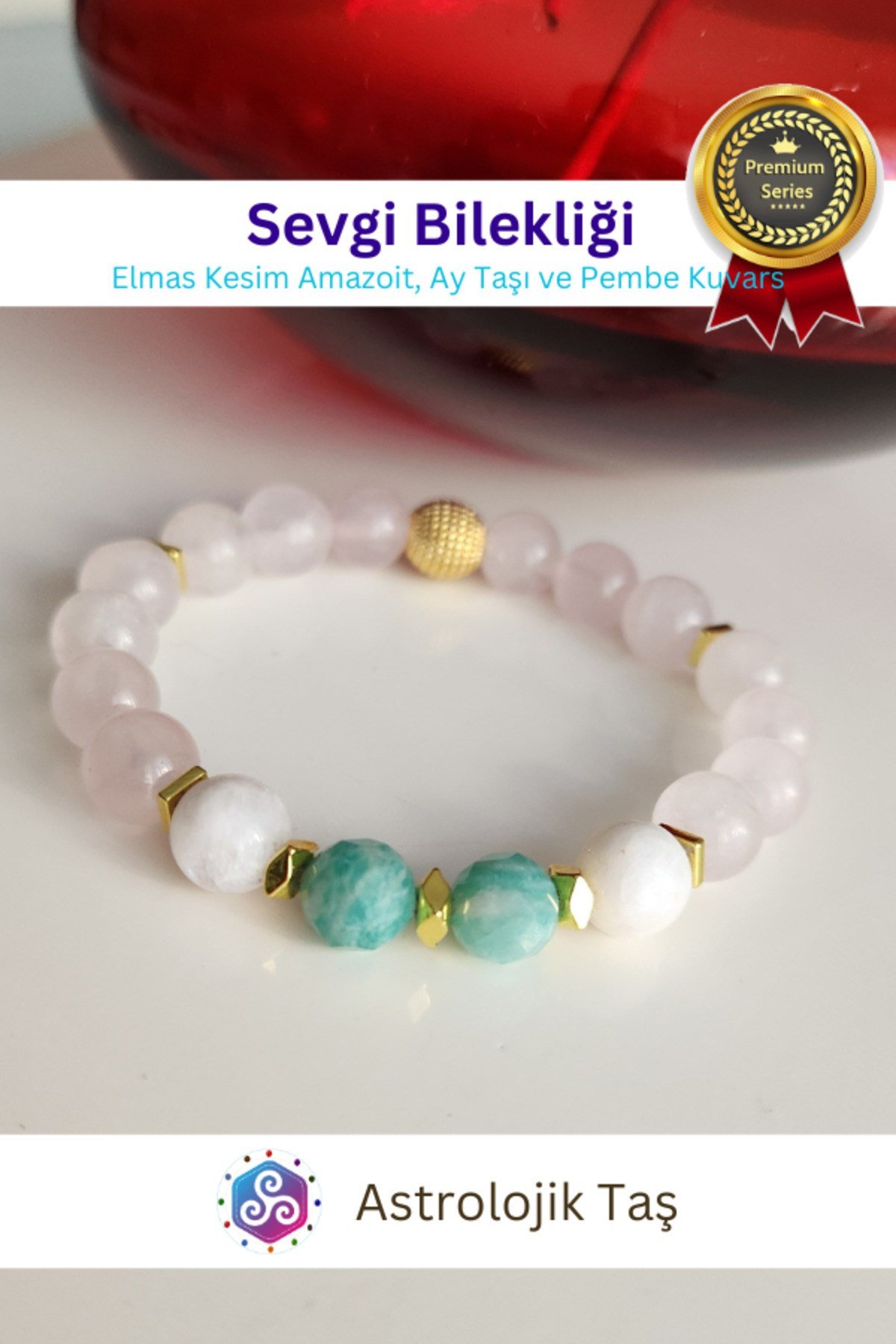 Sevgi Doğal Taş Bilekliği -Sertifikalı - (Elmas Kesim Amazoit, Ay Taşı ve Pembe Kuvars)
