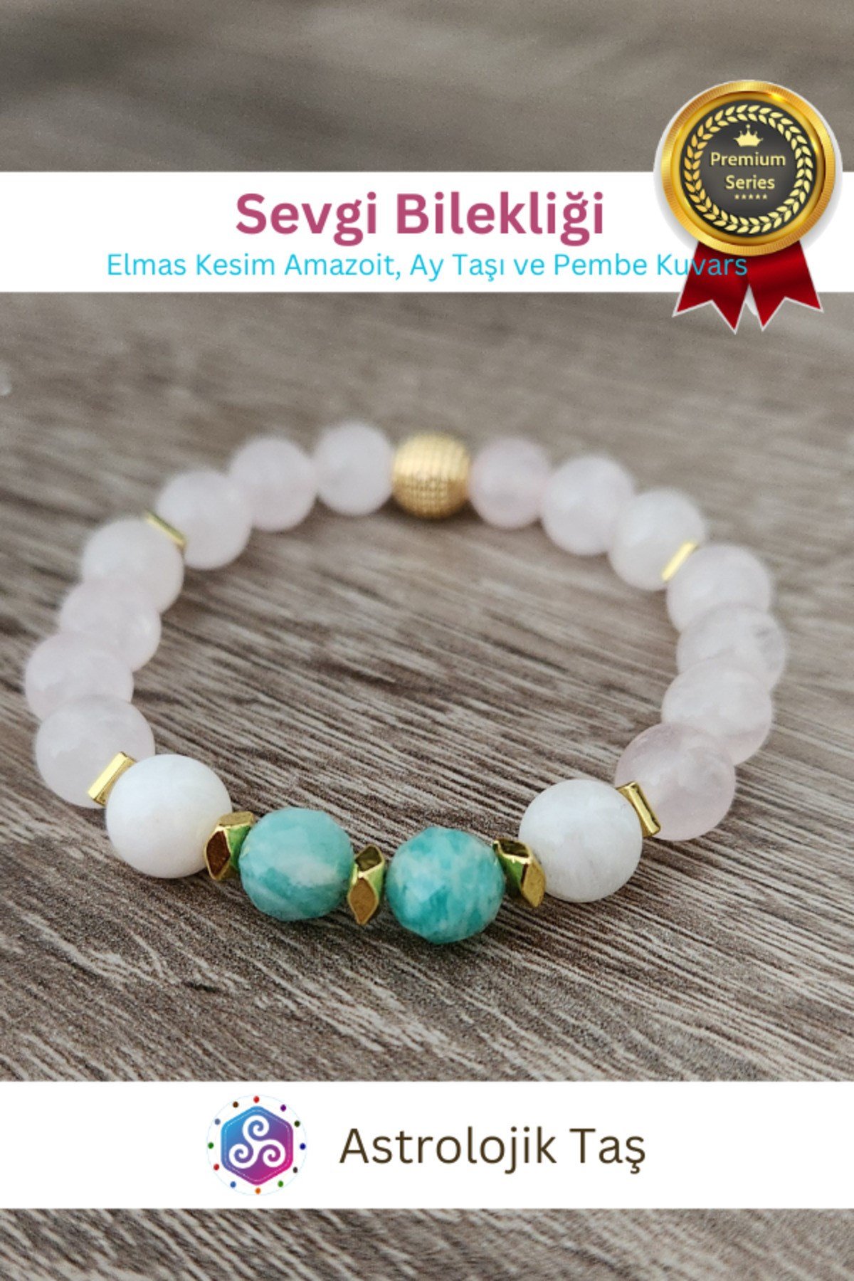 Sevgi Doğal Taş Bilekliği -Sertifikalı - (Elmas Kesim Amazoit, Ay Taşı ve Pembe Kuvars)