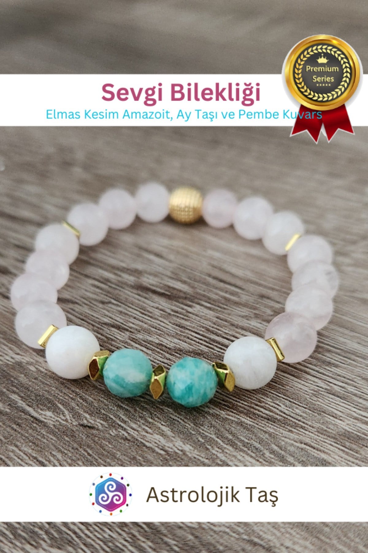 Sevgi Doğal Taş Bilekliği -Sertifikalı - (Elmas Kesim Amazoit, Ay Taşı ve Pembe Kuvars)