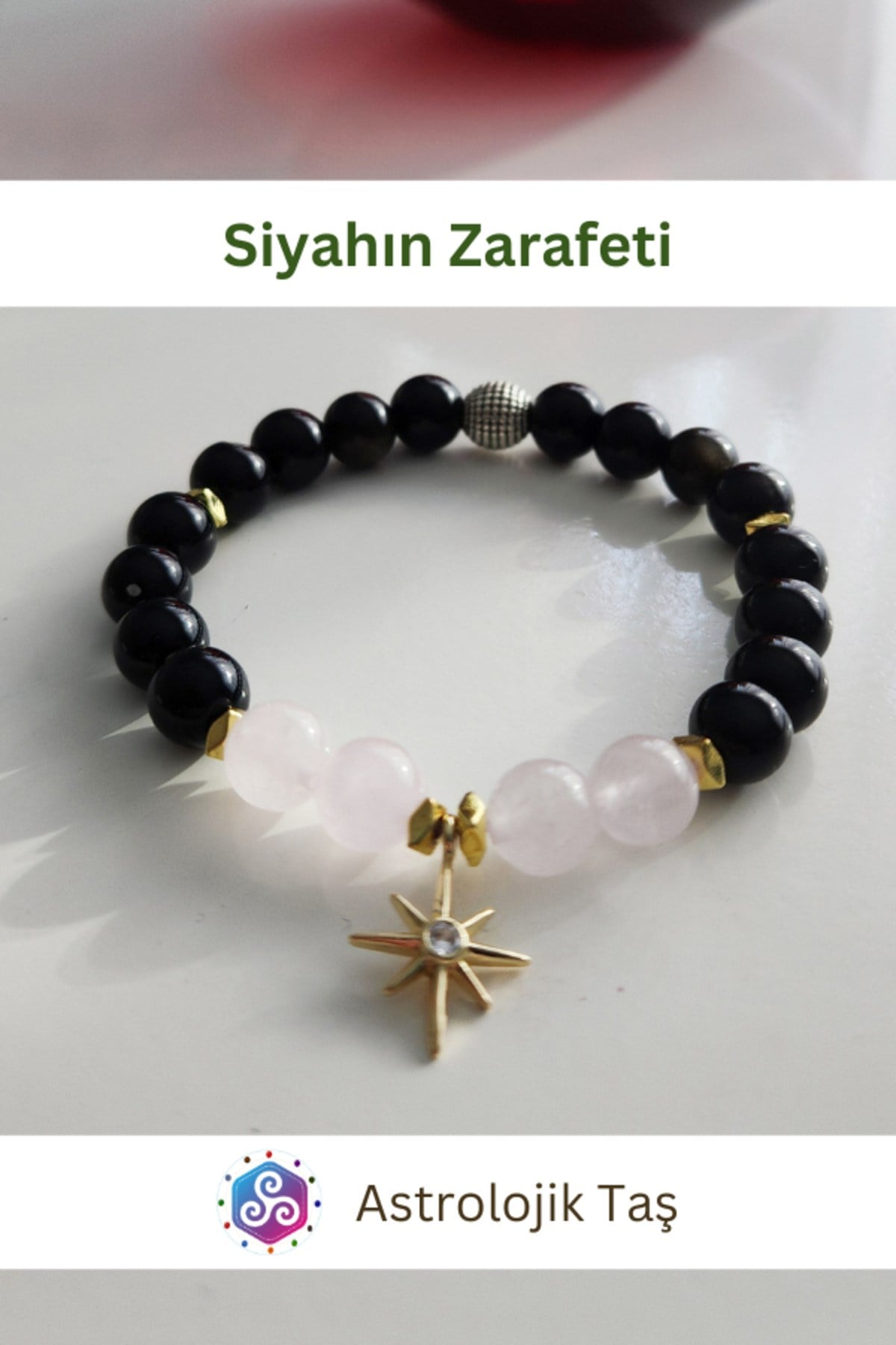 Siyahın Zarafeti Doğal Taş Bileklik Sertifikalı (Obsidyen & Pembe Kuvars)