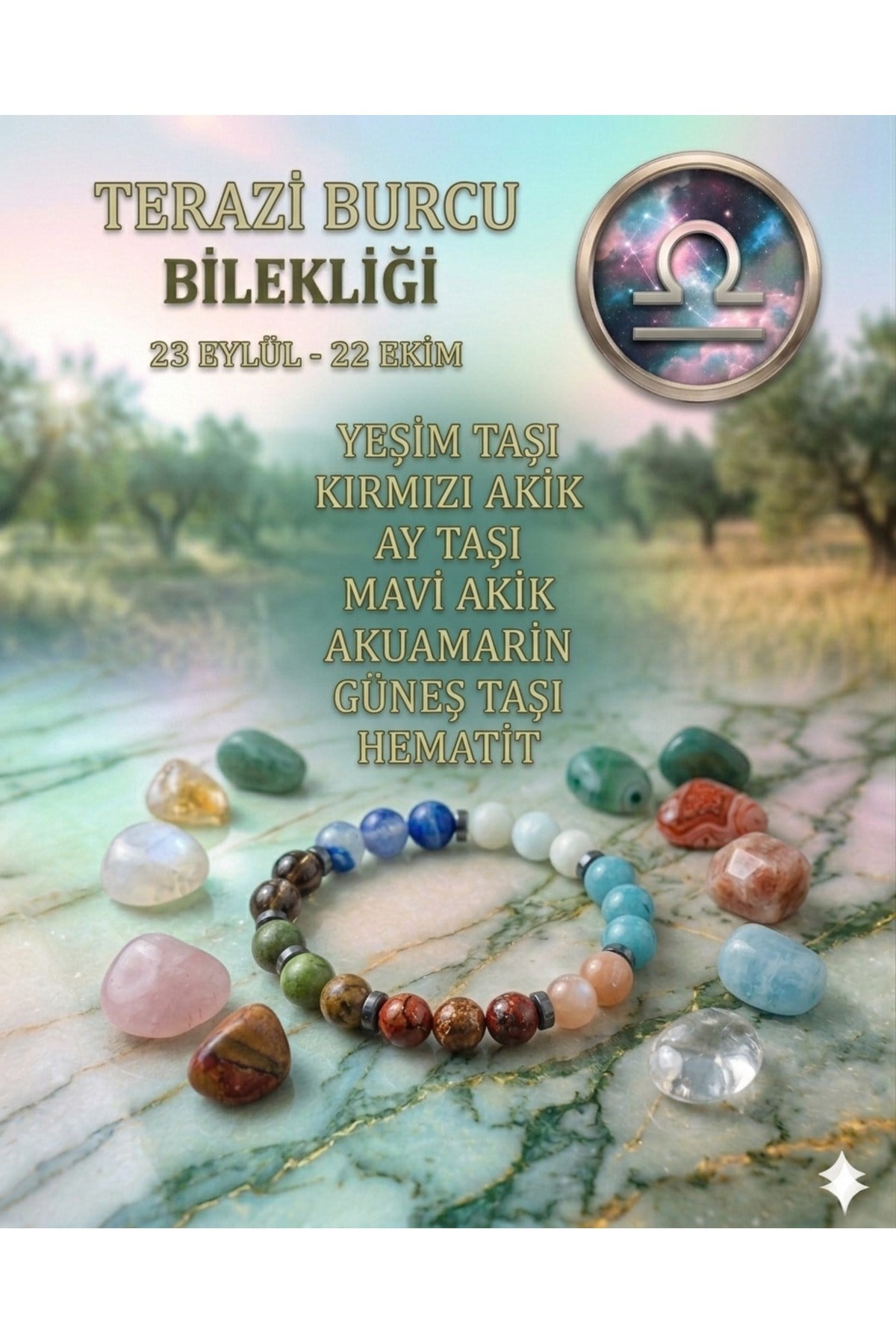 Terazi Burcu Doğal Taş Bileklik - Yeşim Taşı, Kırmızı Akik, Ay Taşı , Akuamarin & Güneş Taşı
