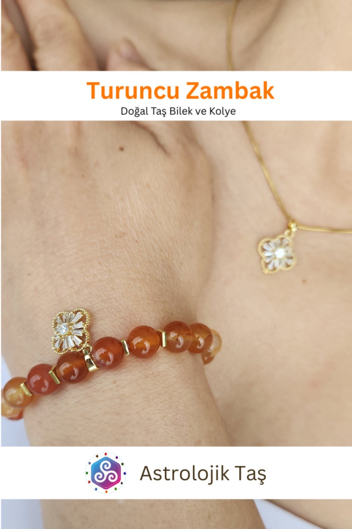 Turuncu Zambak Doğal Taş Bileklik ve Charm Zincir Kolye Takımı - Turuncu Akik